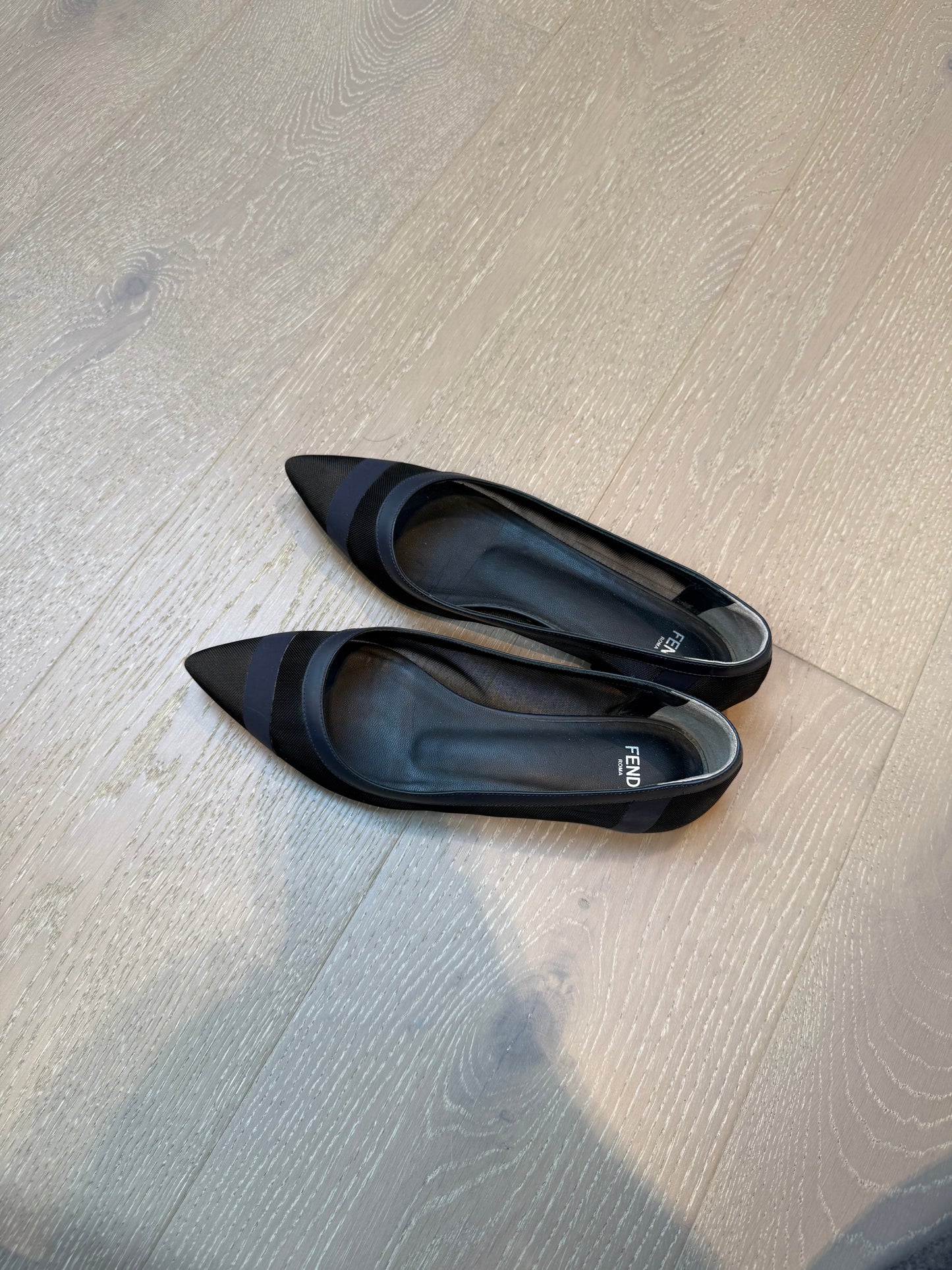 FENDI Pumps Shoe Mesh Leather Black Navy Flat