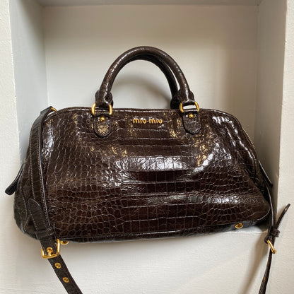 Miu Miu Brown Croc Embossed Leather Triple Zip Satchel