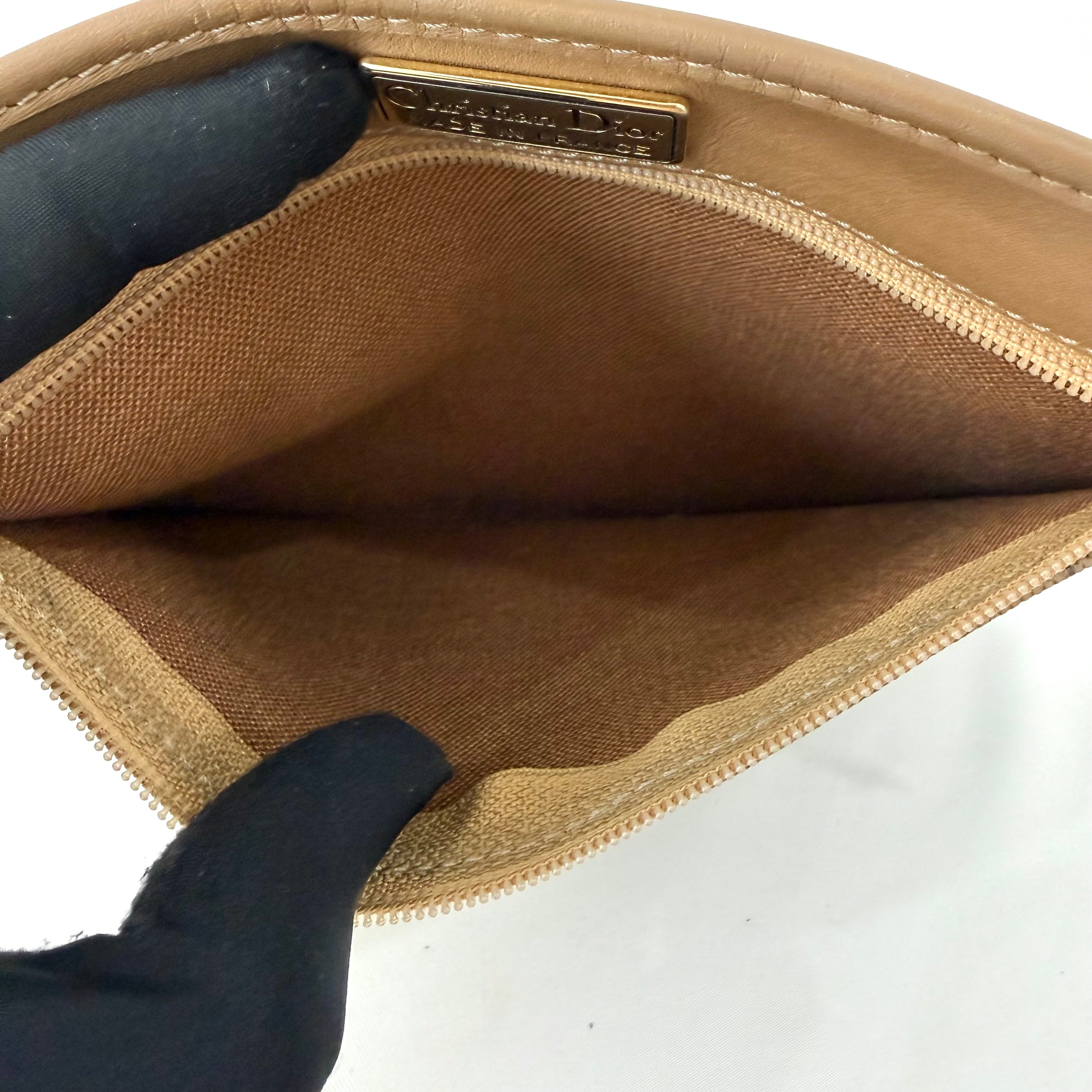 Christian Dior Honeycomb Canvas Pouch Leather Beige Dior Charm