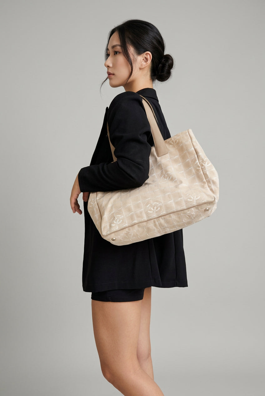 Chanel Beige Nylon CC Logo Travel Line Tote Bag