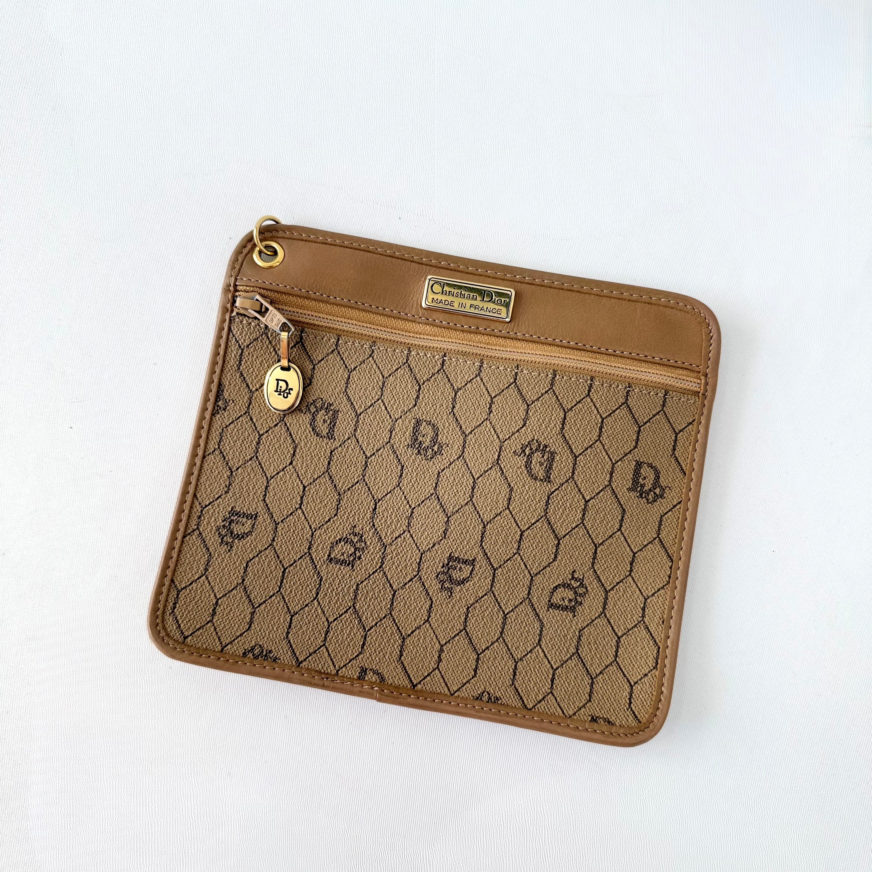 Christian Dior Honeycomb Canvas Pouch Leather Beige Dior Charm