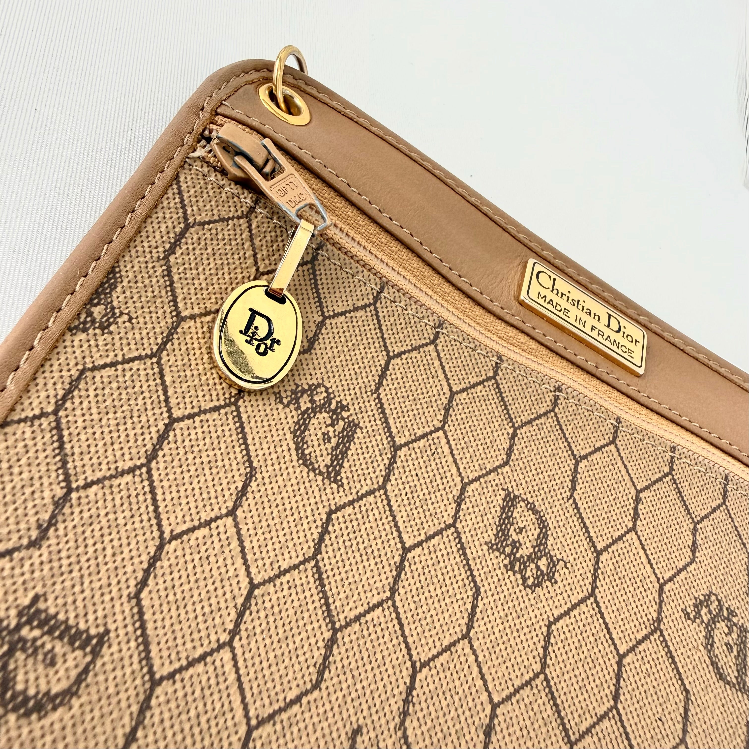 Christian Dior Honeycomb Canvas Pouch Leather Beige Dior Charm