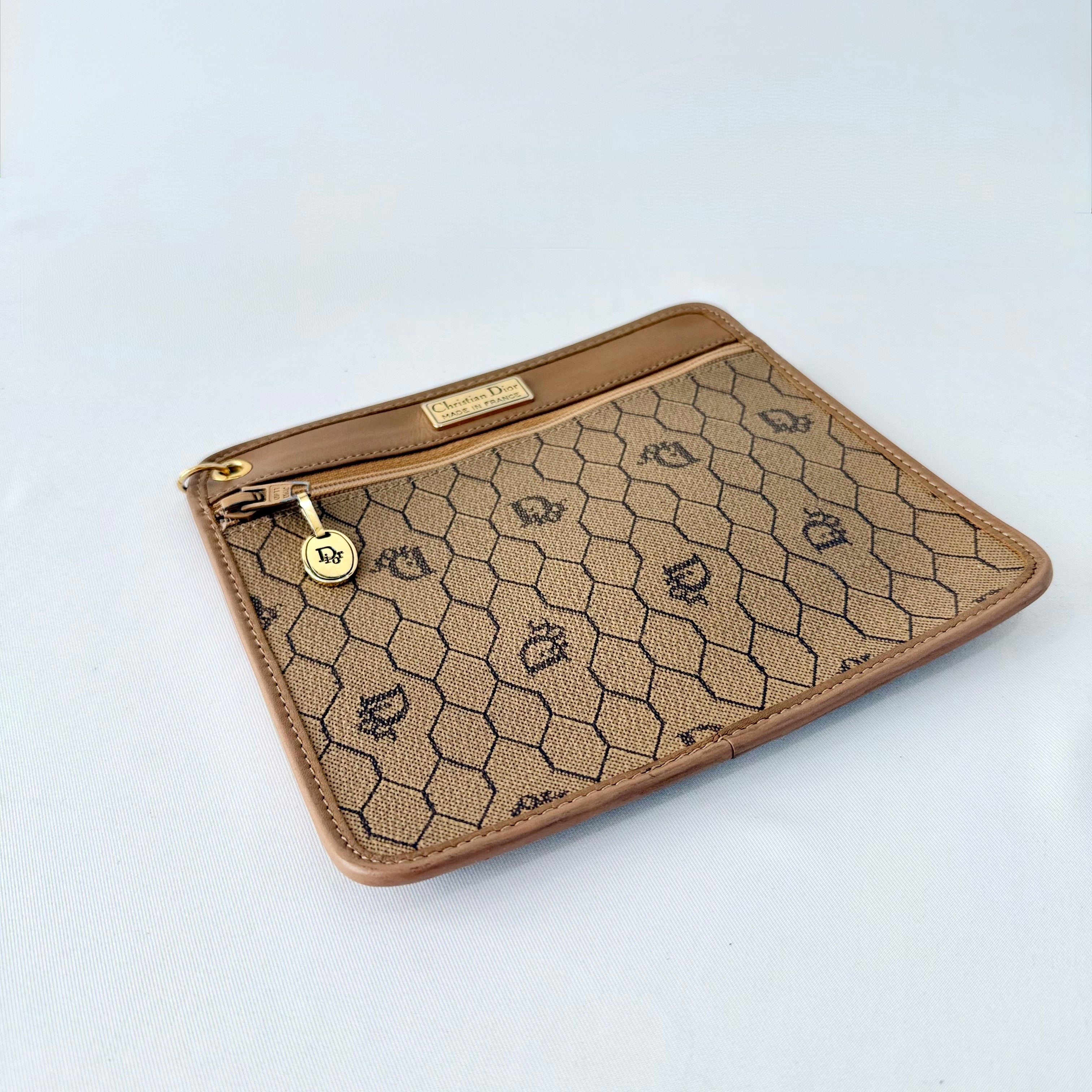 Christian Dior Honeycomb Canvas Pouch Leather Beige Dior Charm