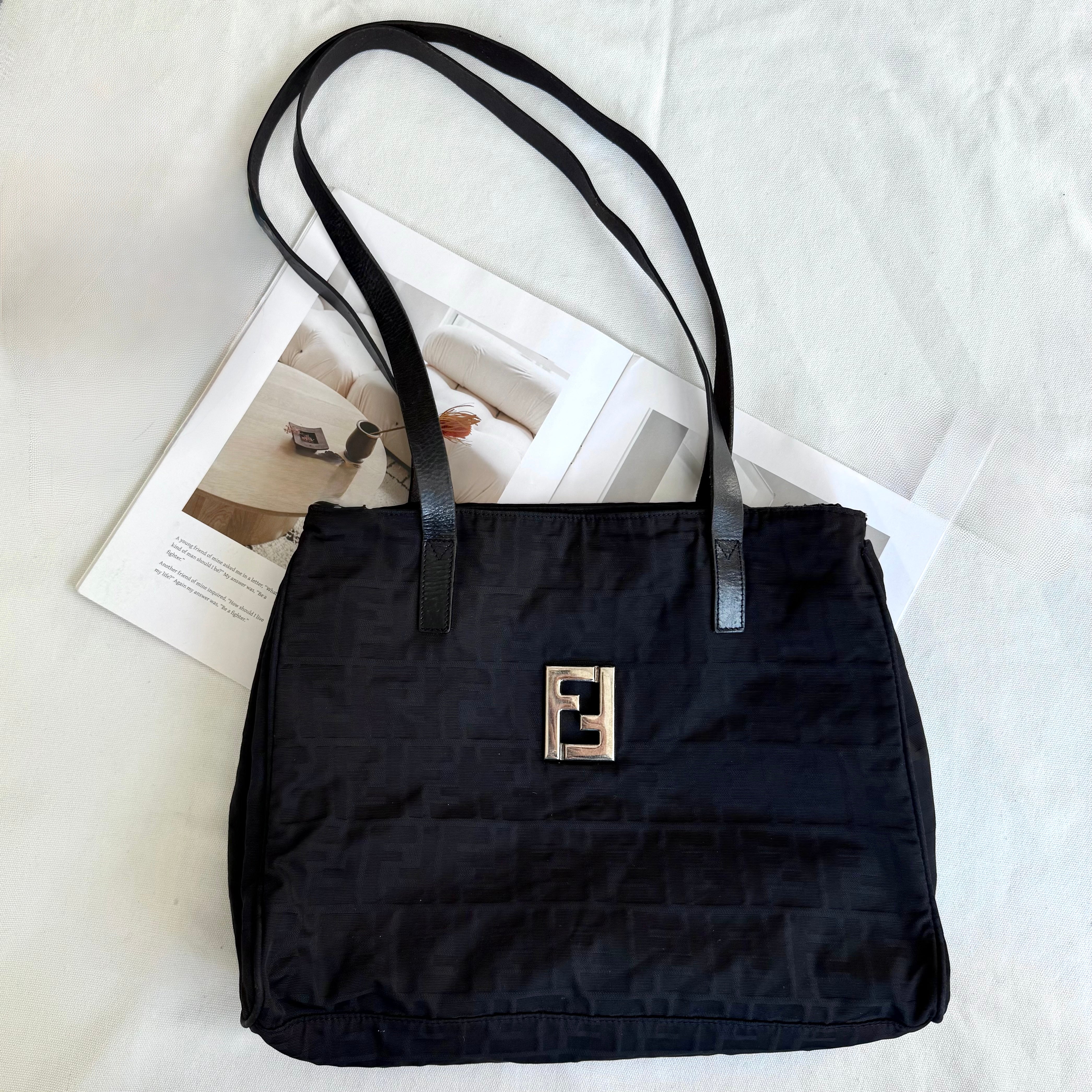 Fendi Silver Logo Mini Zucca Nylon Black Tote Bag