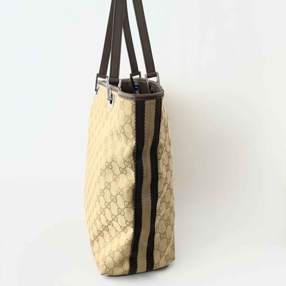 Gucci Monogram Web Bucket Tote Brown