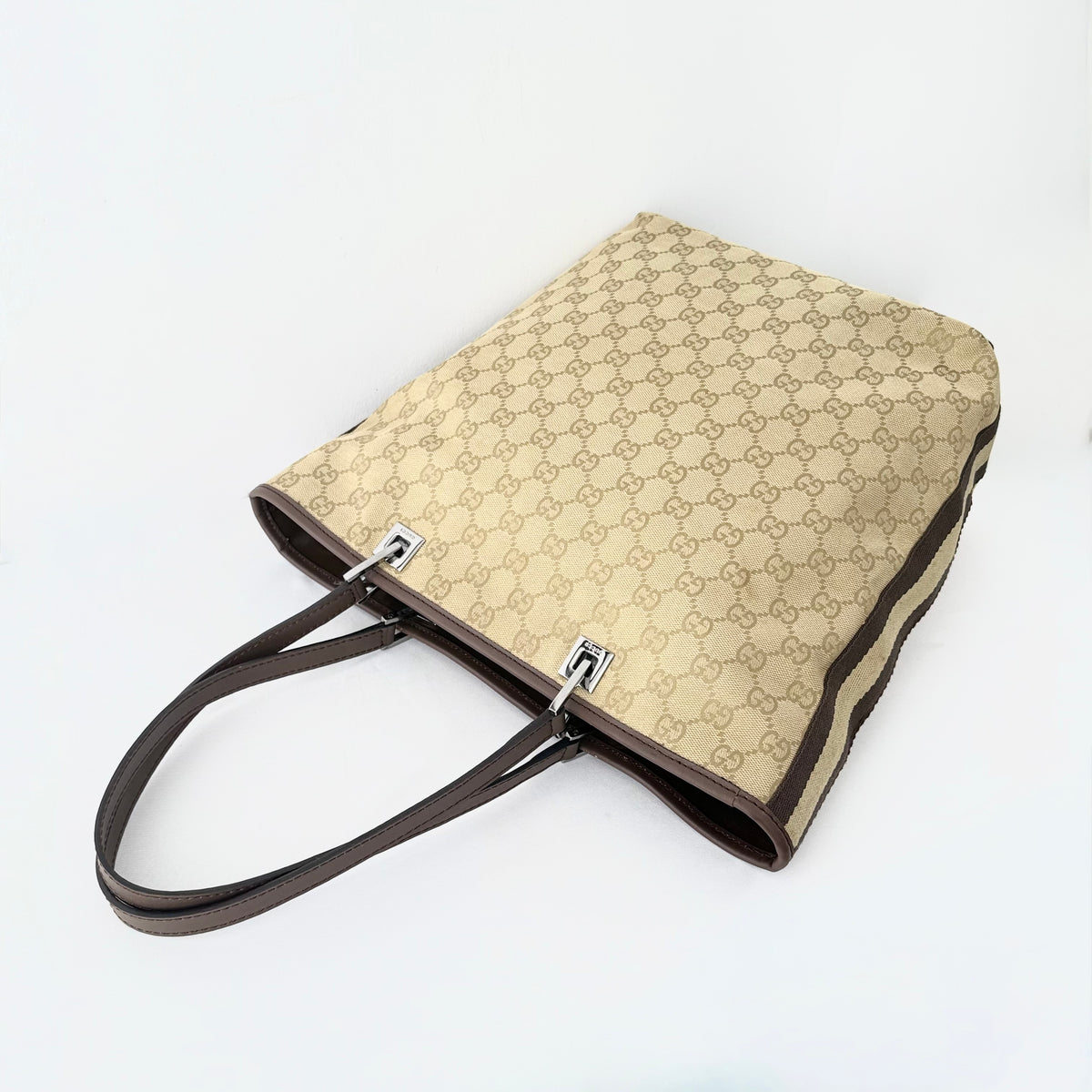 Gucci Monogram Web Bucket Tote Brown