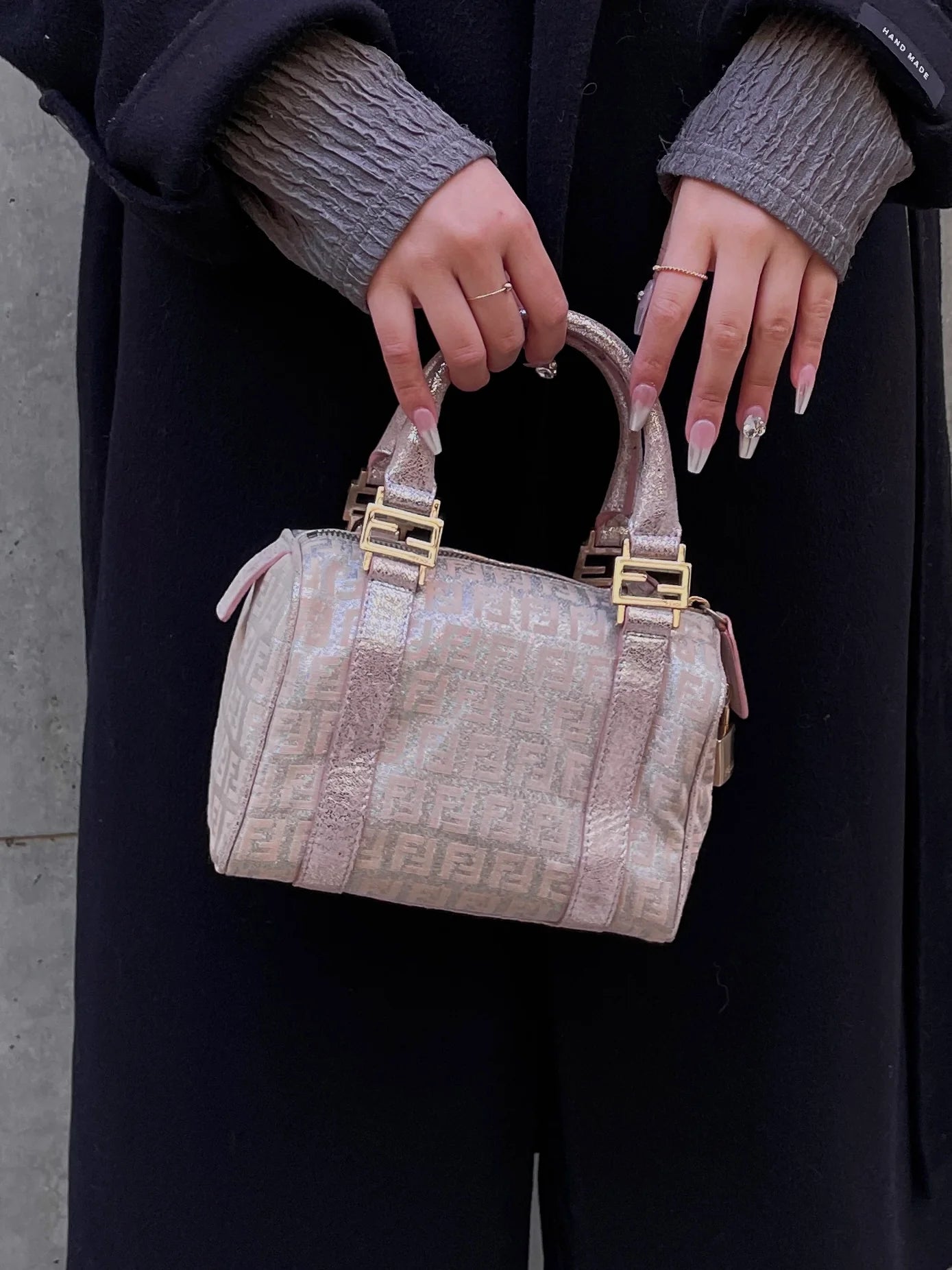 FENDI Zucchino Boston Handbag Pink Silver