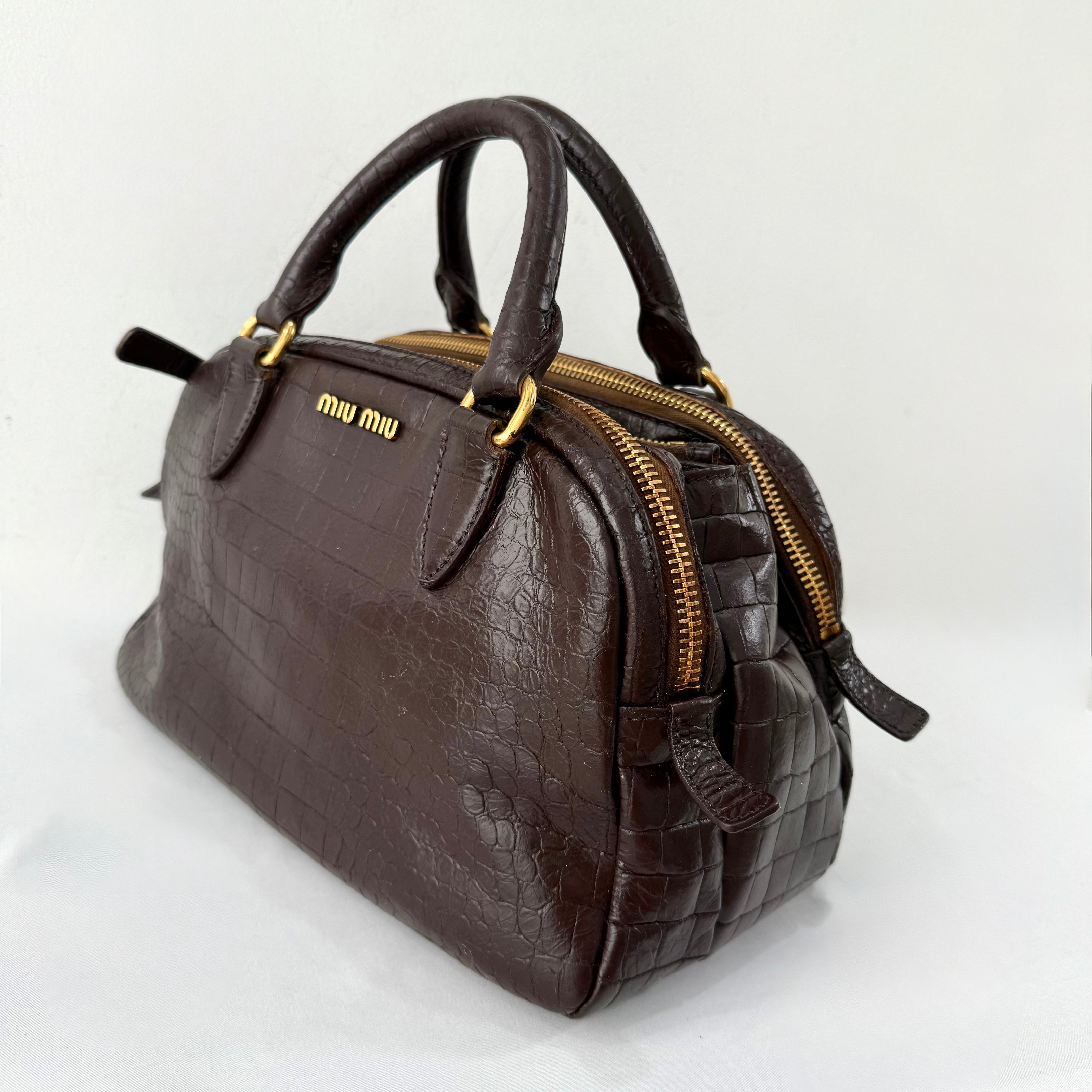 Miu Miu Beige Croc Embossed Patent Leather Bowling Bag