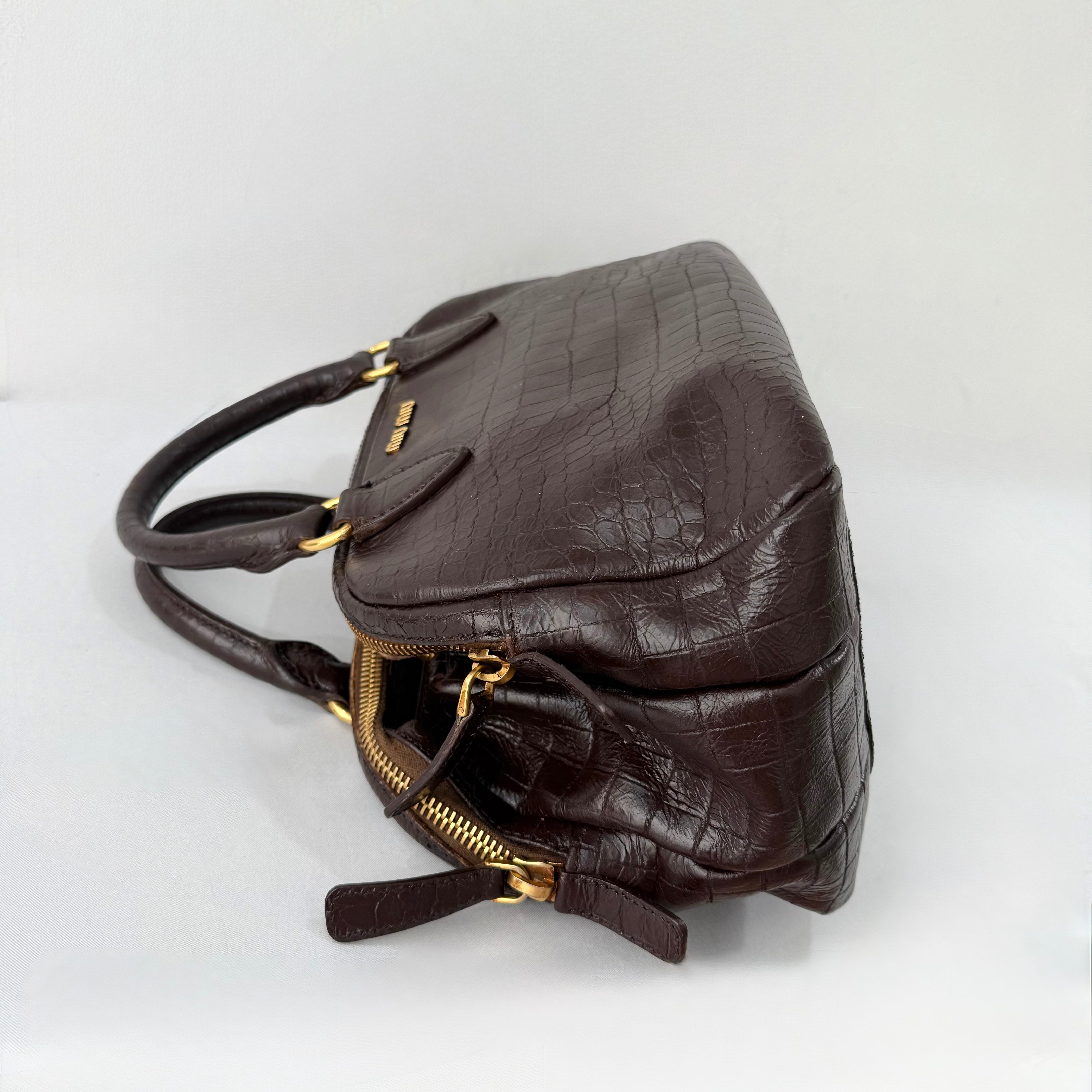 Miu Miu Beige Croc Embossed Patent Leather Bowling Bag