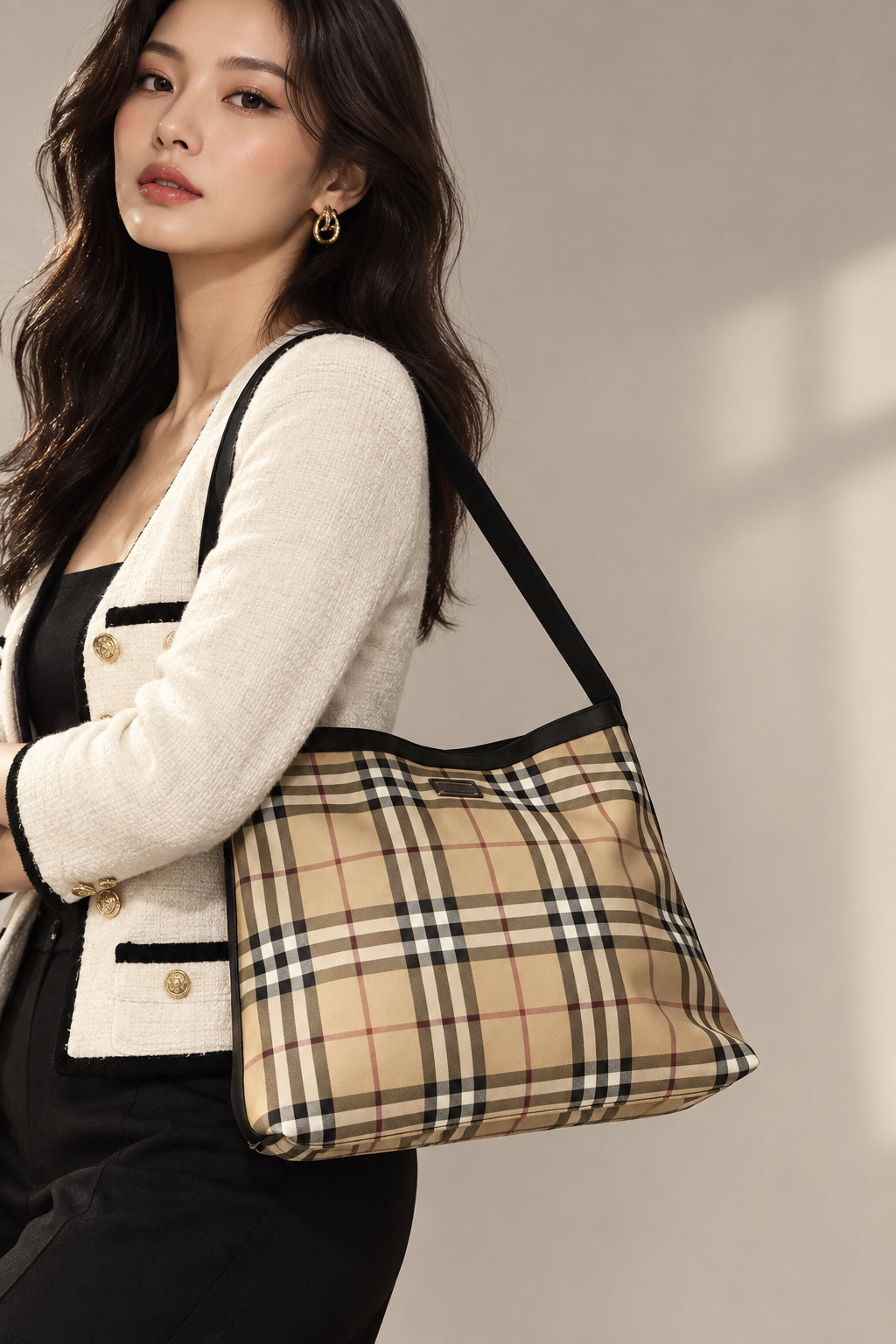 BURBERRY Nova Check Shoulder Bag Coated Canvas Beige