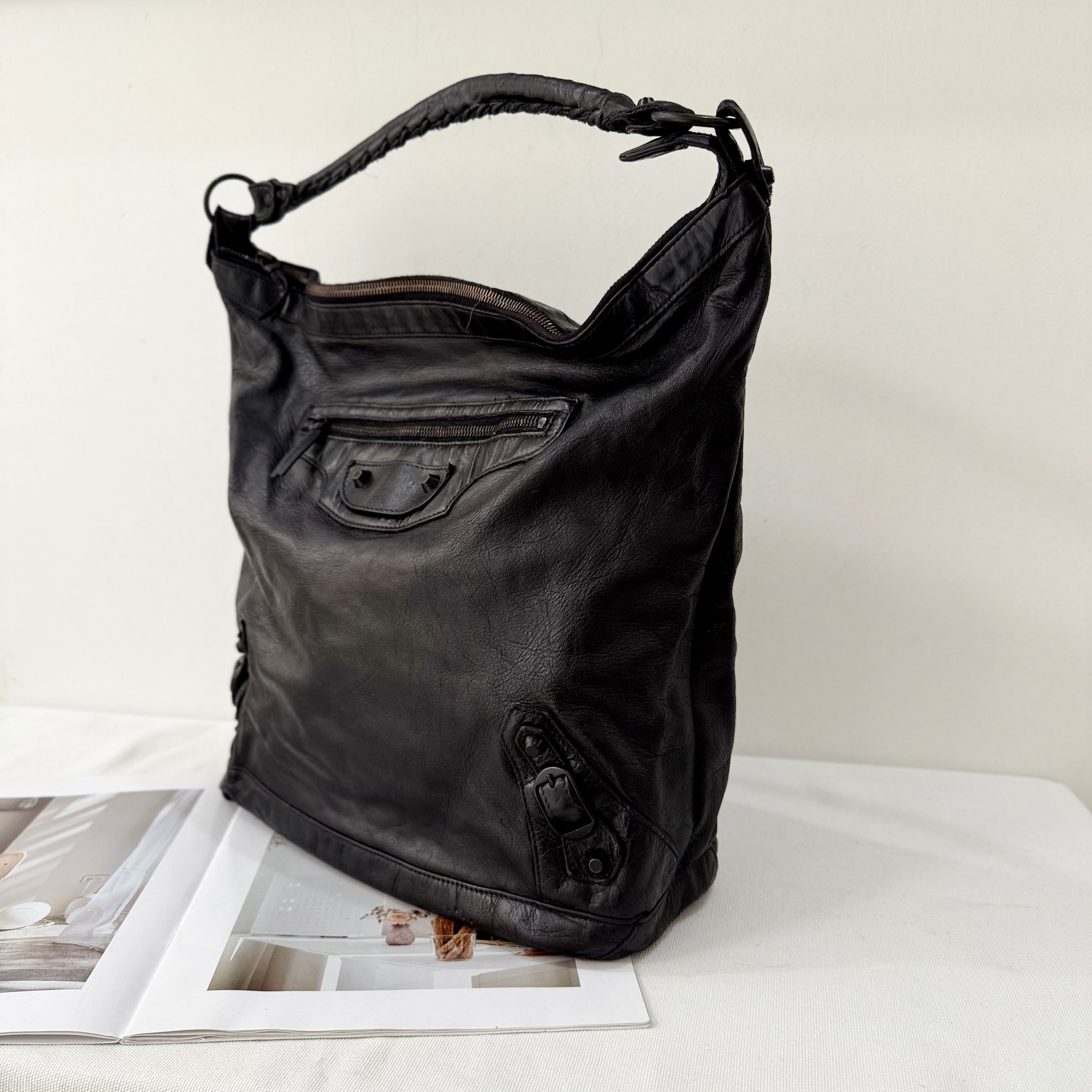 Balenciaga Day Hobo Motorcycle Bag in Black