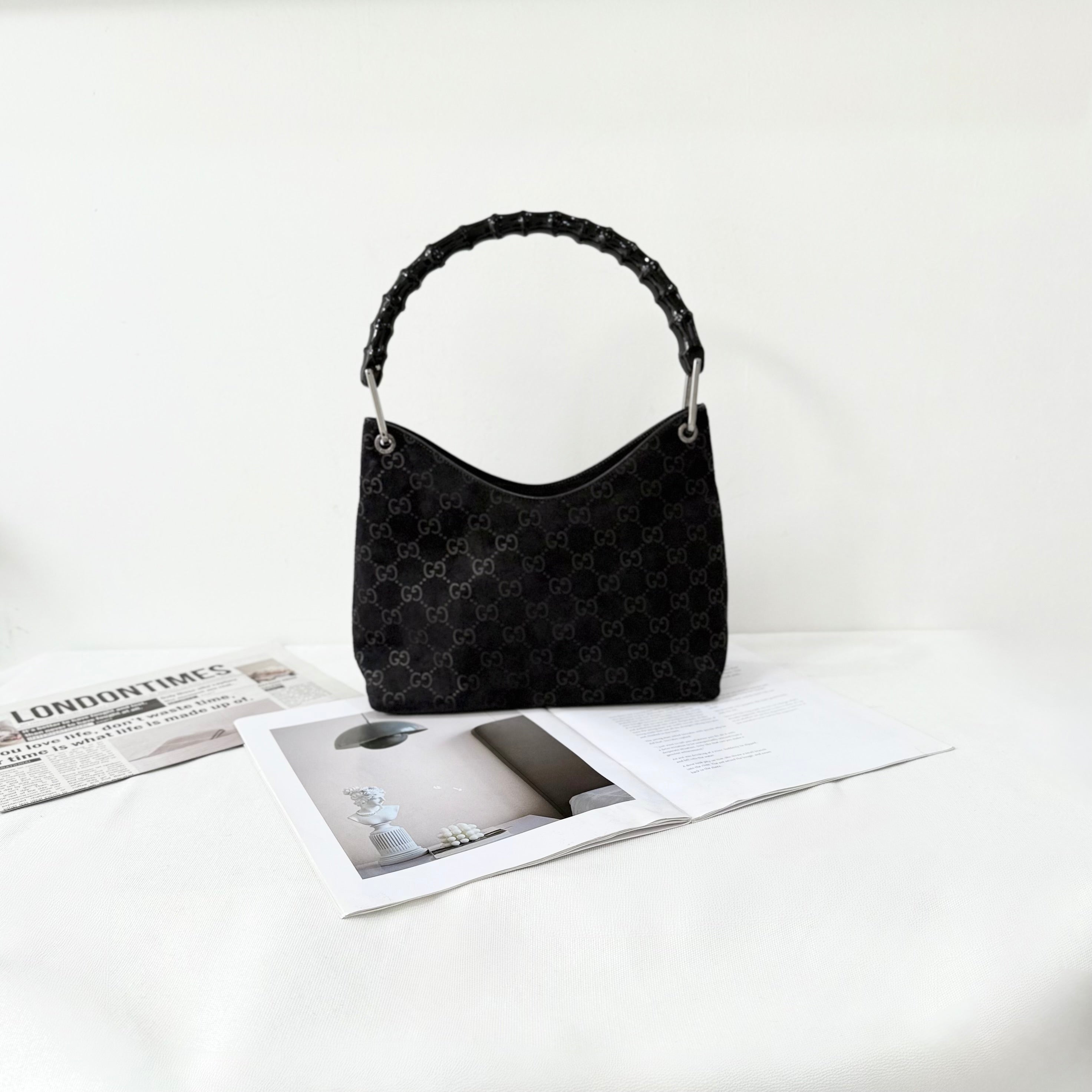 Gucci Black Bamboo Handle Suede Shoulder Bag