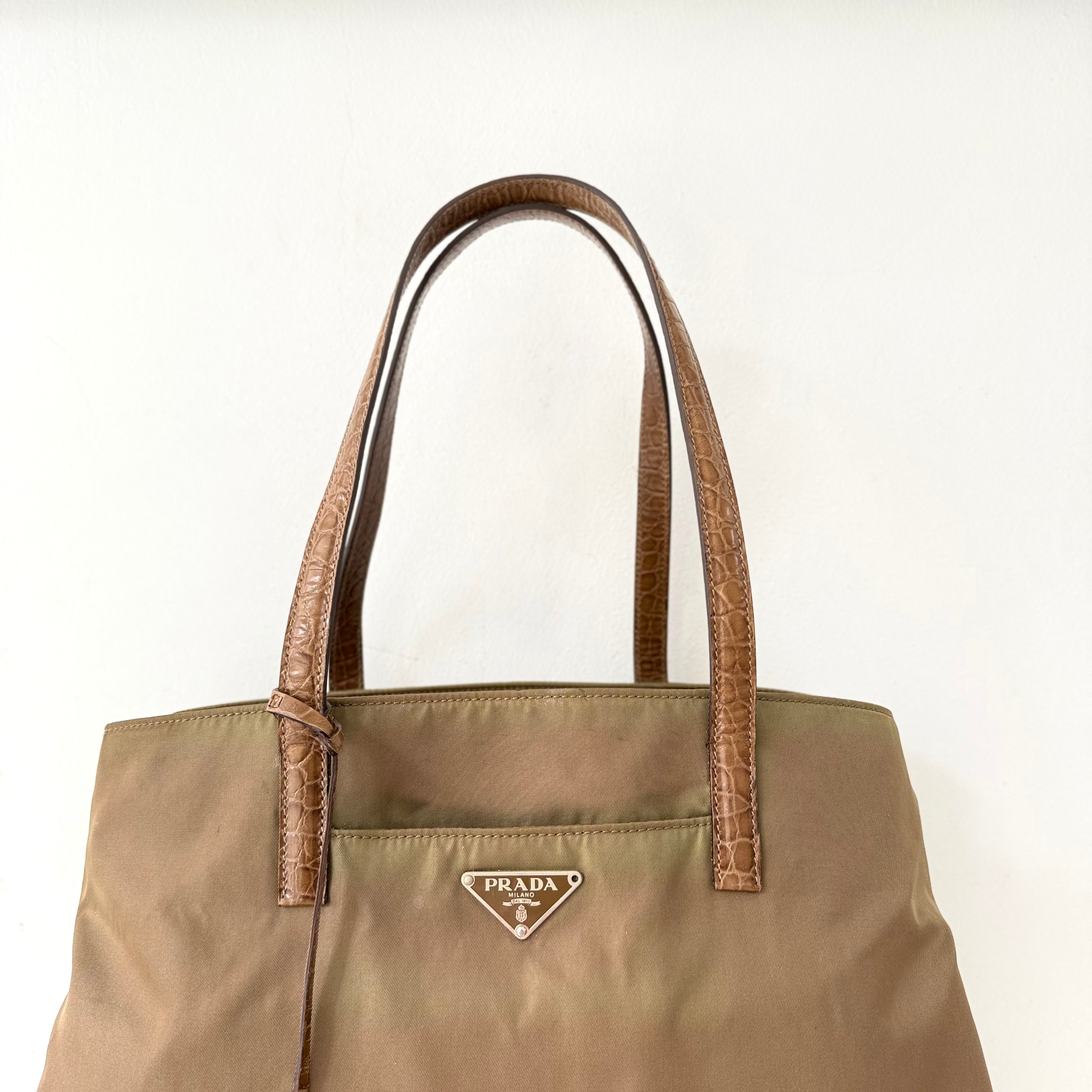 Prada Tessuto Nylon Faux Croc Tote Brown