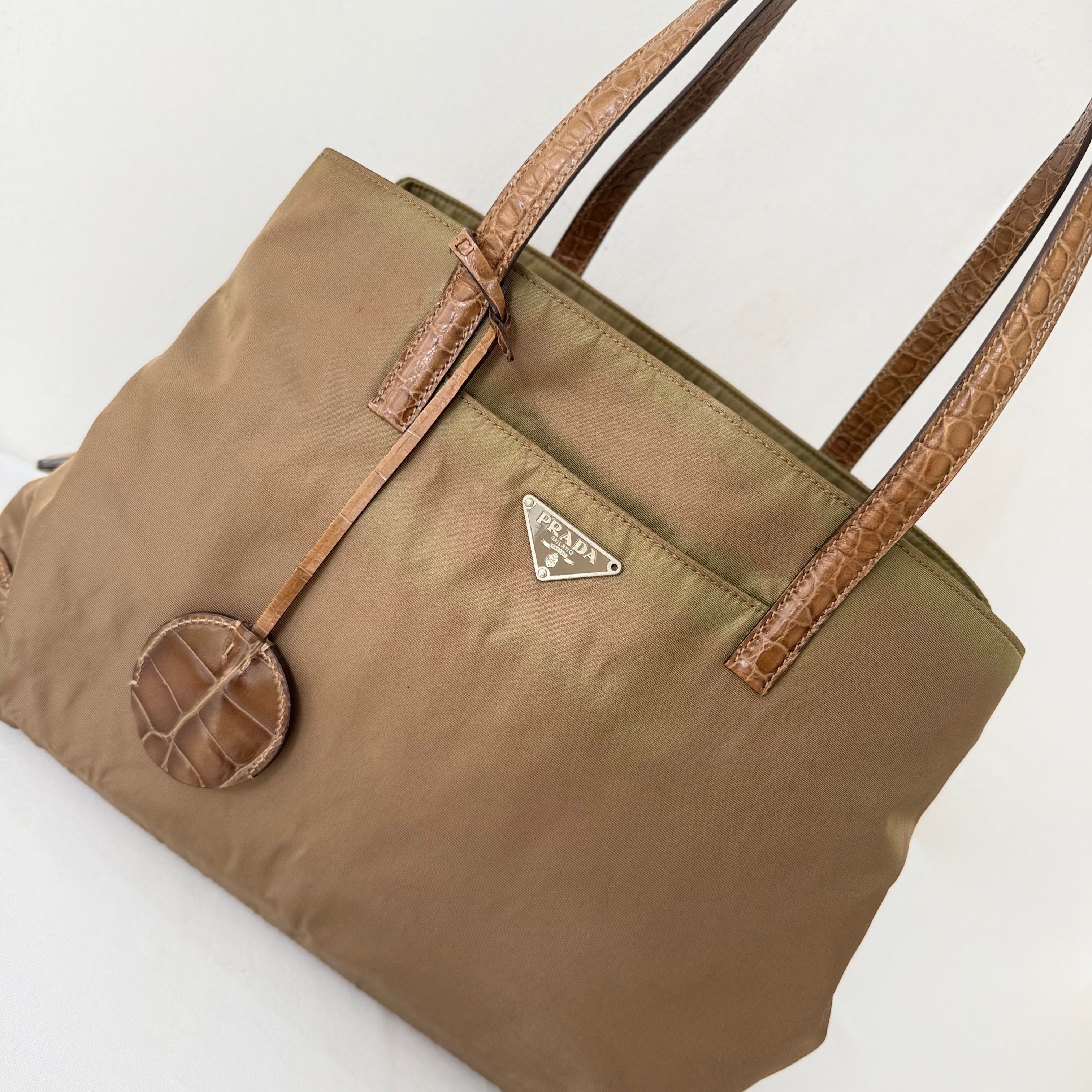 Prada Tessuto Nylon Faux Croc Tote Brown