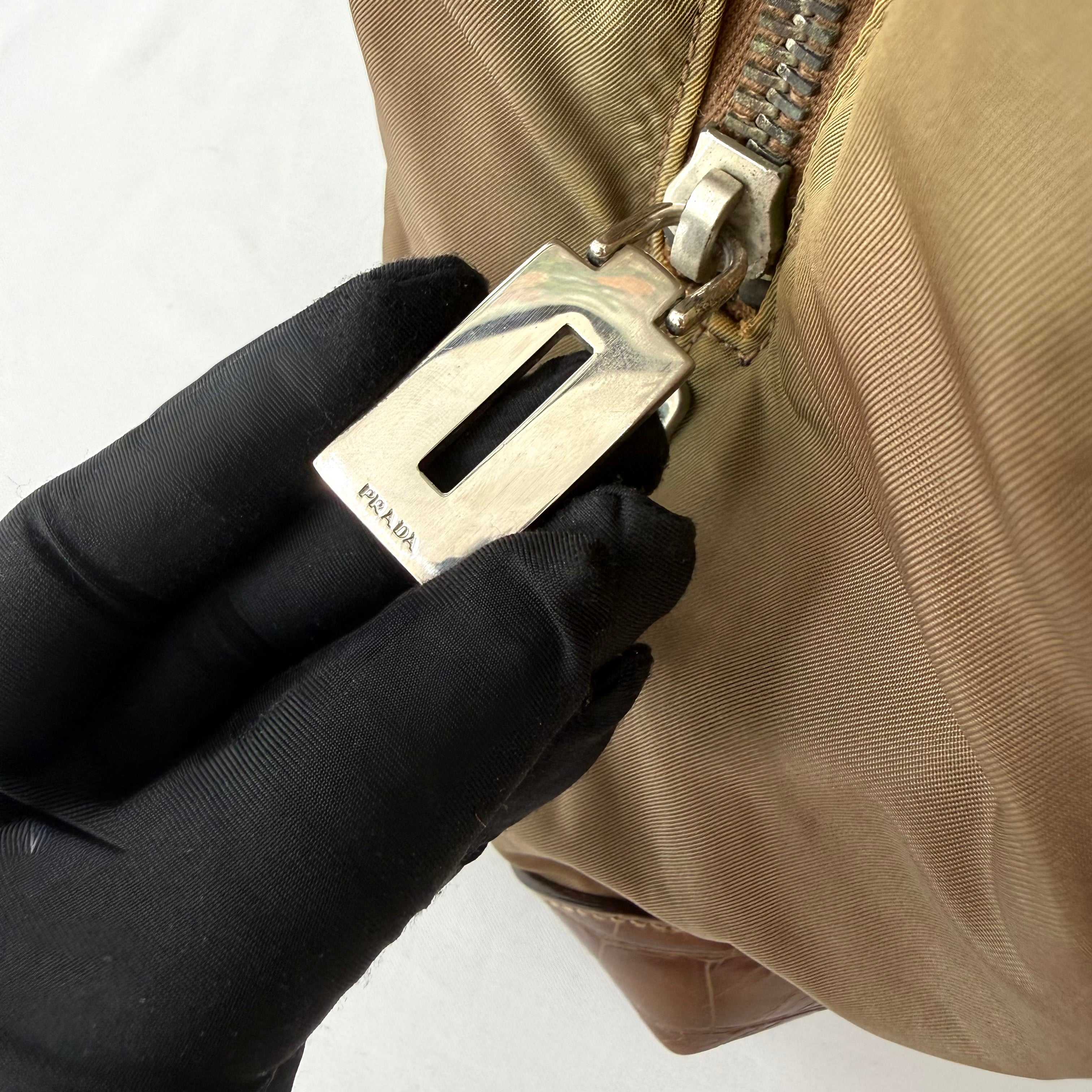 Prada Tessuto Nylon Faux Croc Tote Brown