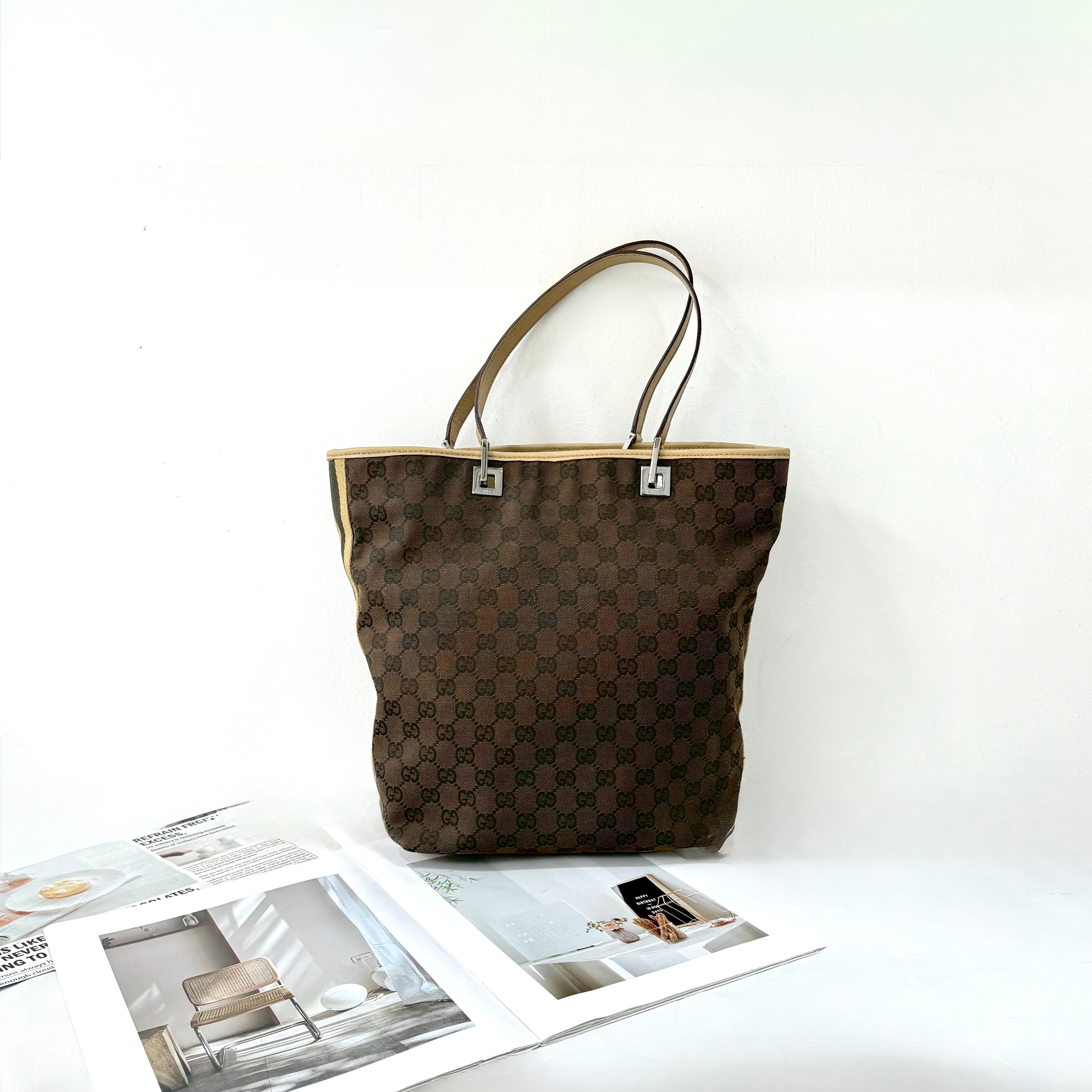 Gucci Brown GG Canvas Web Bucket Tote Bag