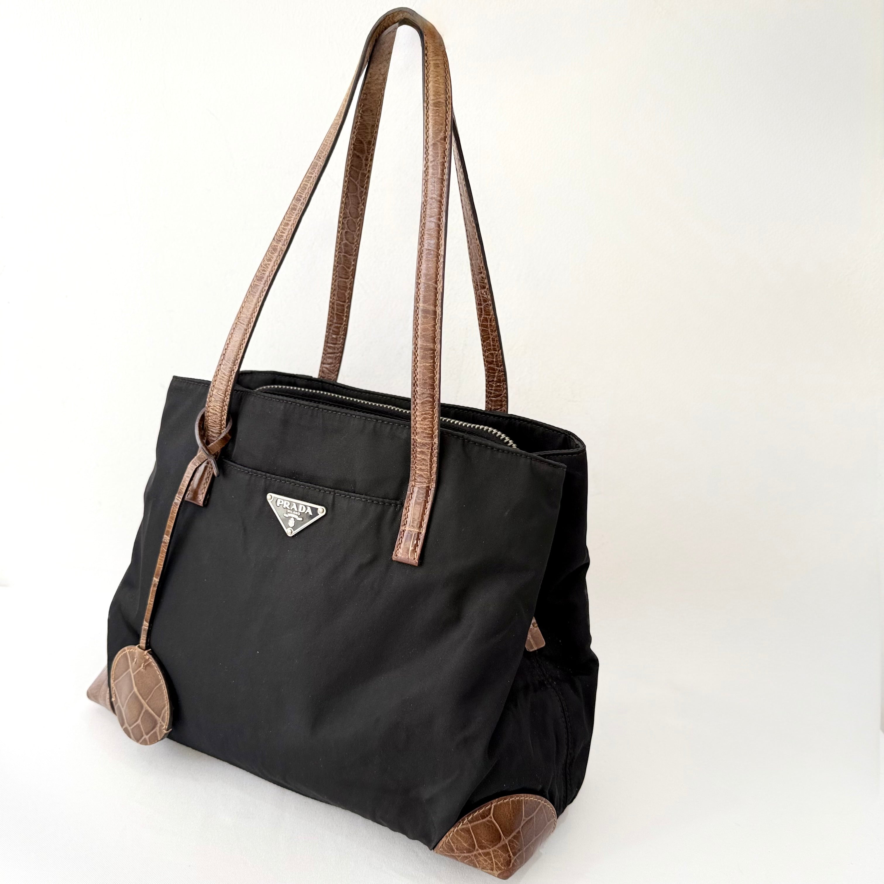 Prada Tessuto Nylon Faux Croc Tote Black