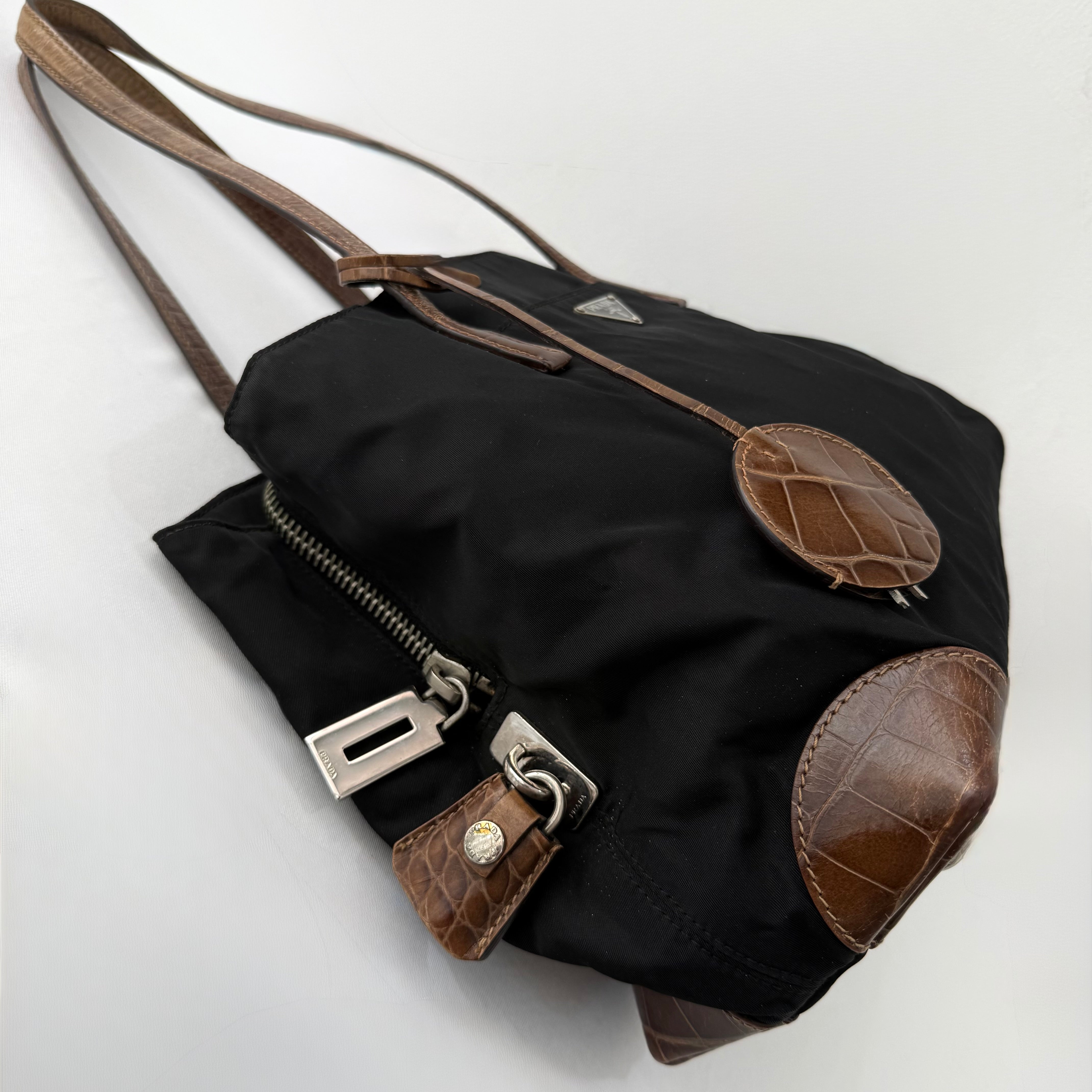 Prada Tessuto Nylon Faux Croc Tote Black