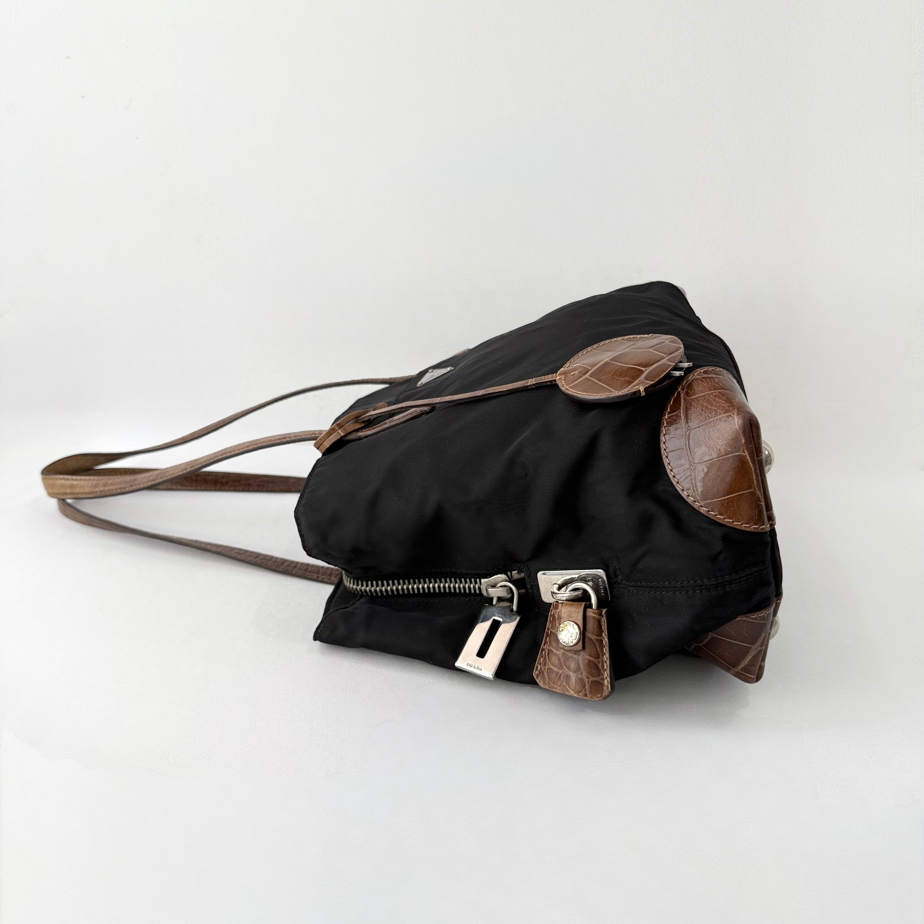 Prada Tessuto Nylon Faux Croc Tote Black