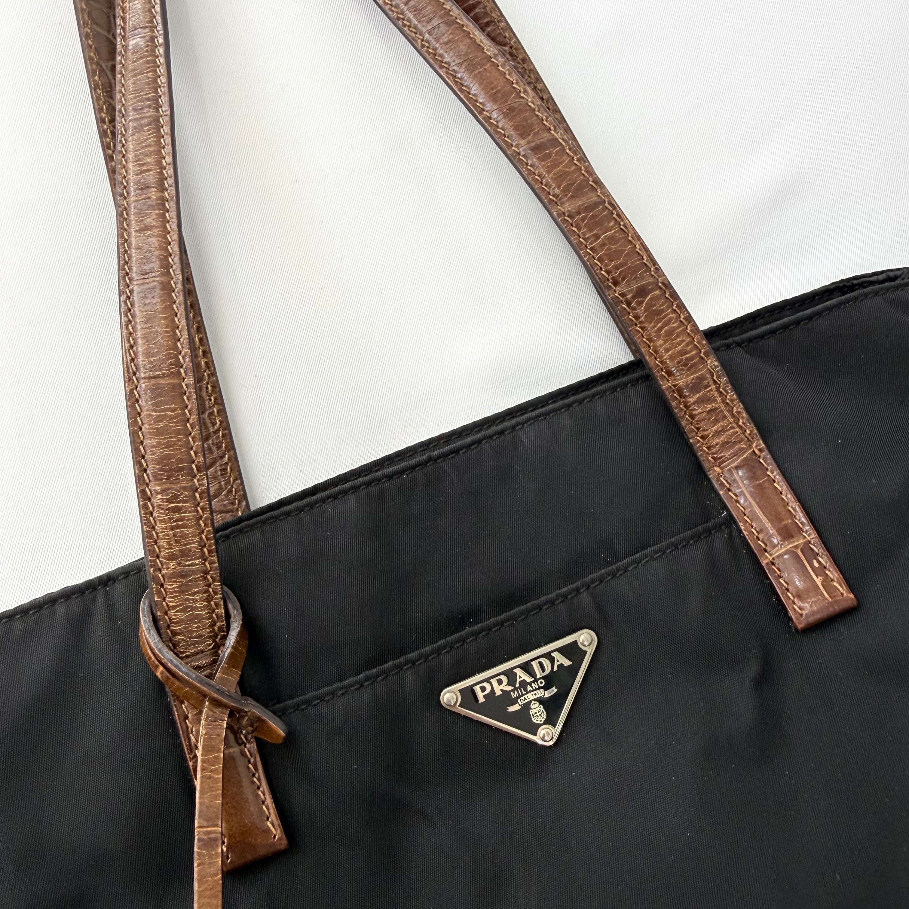 Prada Tessuto Nylon Faux Croc Tote Black