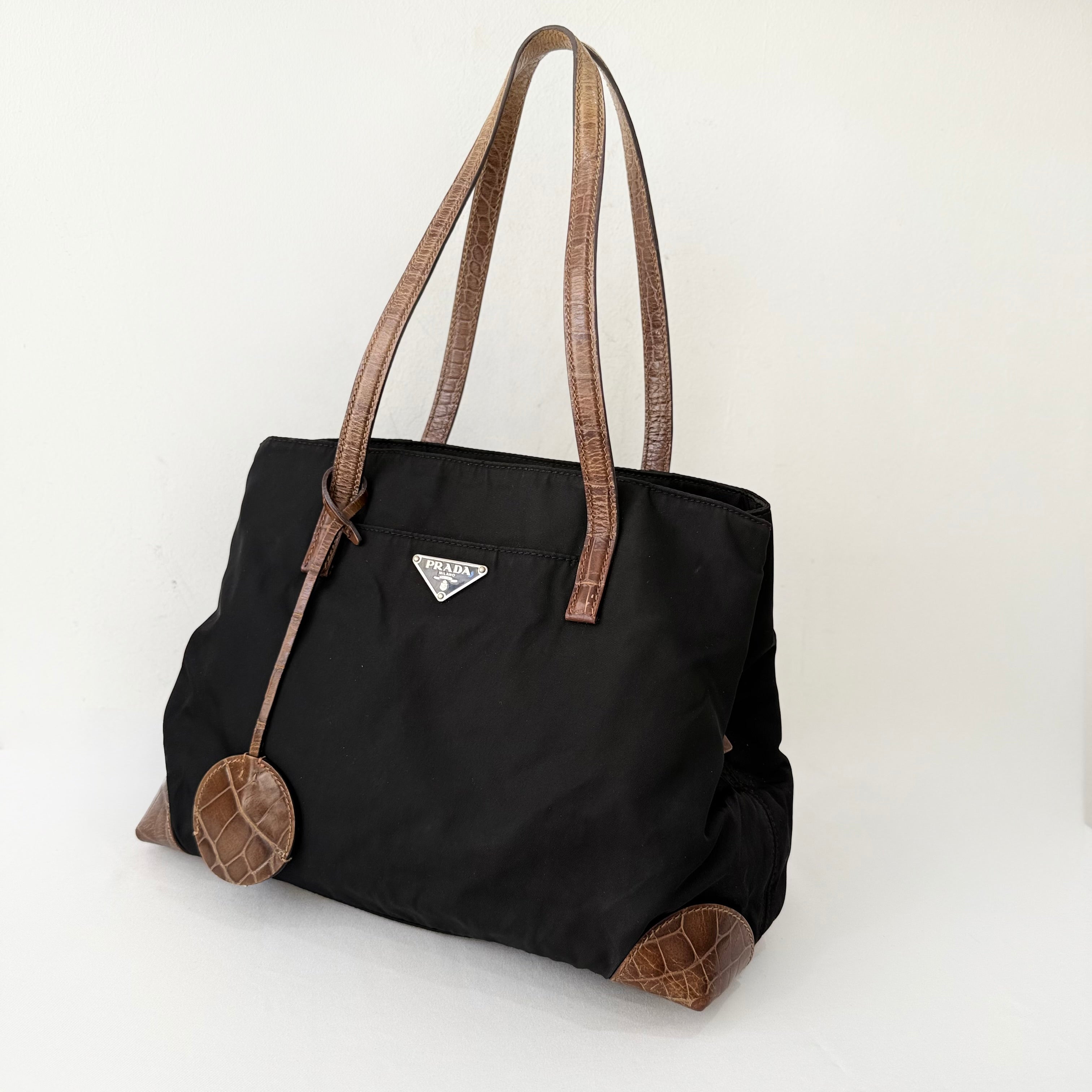Prada Tessuto Nylon Faux Croc Tote Black