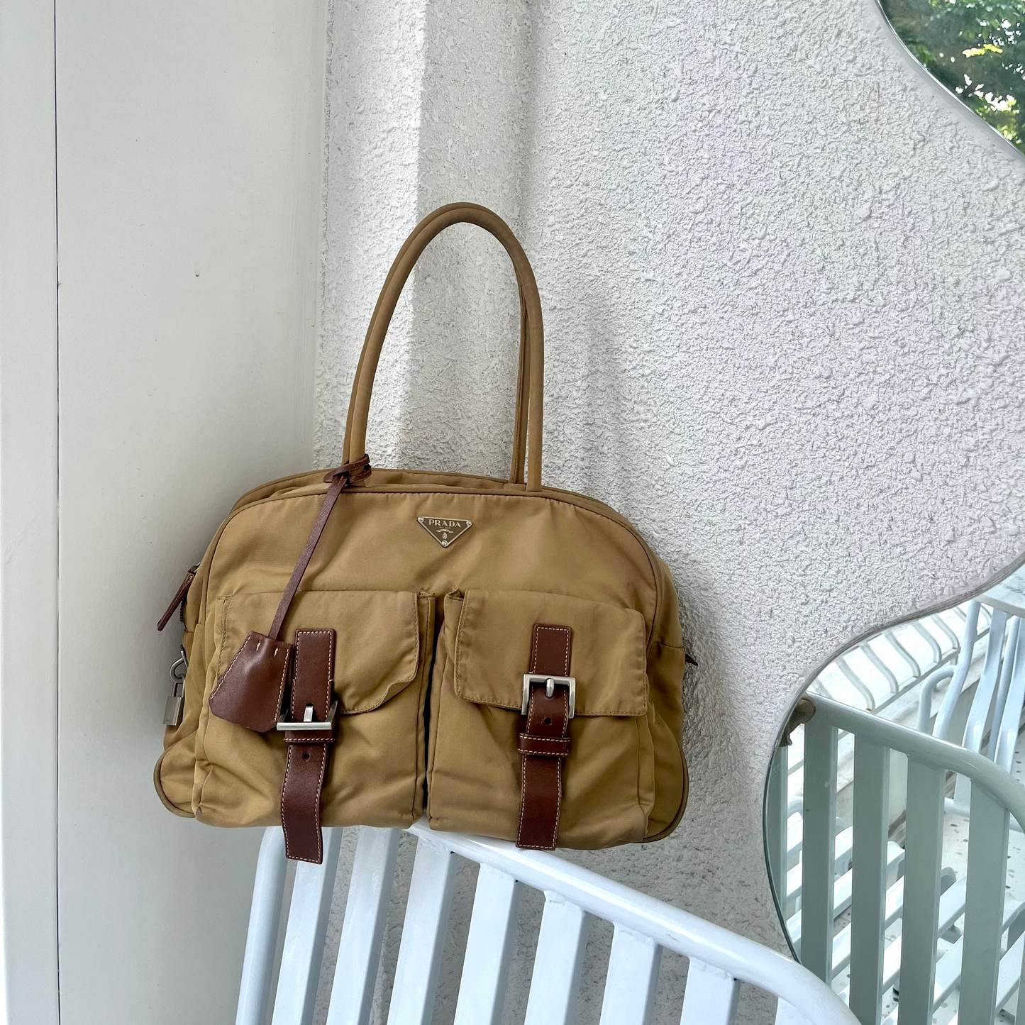 Prada Brown Tote Bag Nylon Pocket Triangular Logo