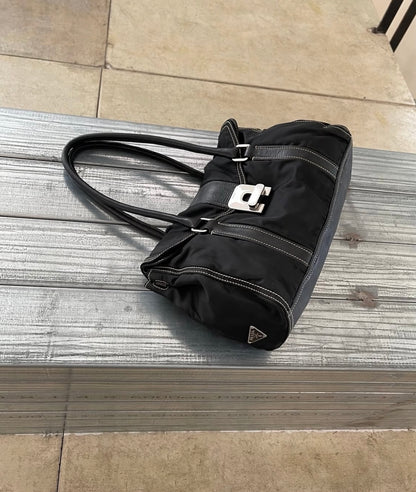 PRADA Vintage Black Tessuto Nylon Leather Satchel Handbag