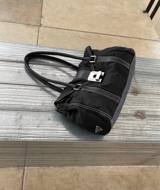 PRADA Vintage Black Tessuto Nylon Leather Satchel Handbag