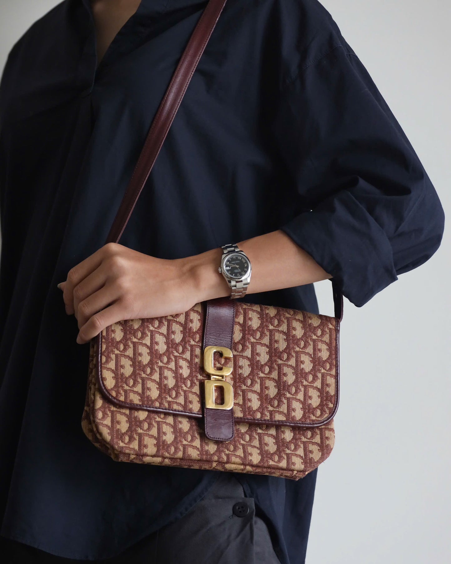 Christian Dior Trotter Canvas Shoulder Bag Burgundy