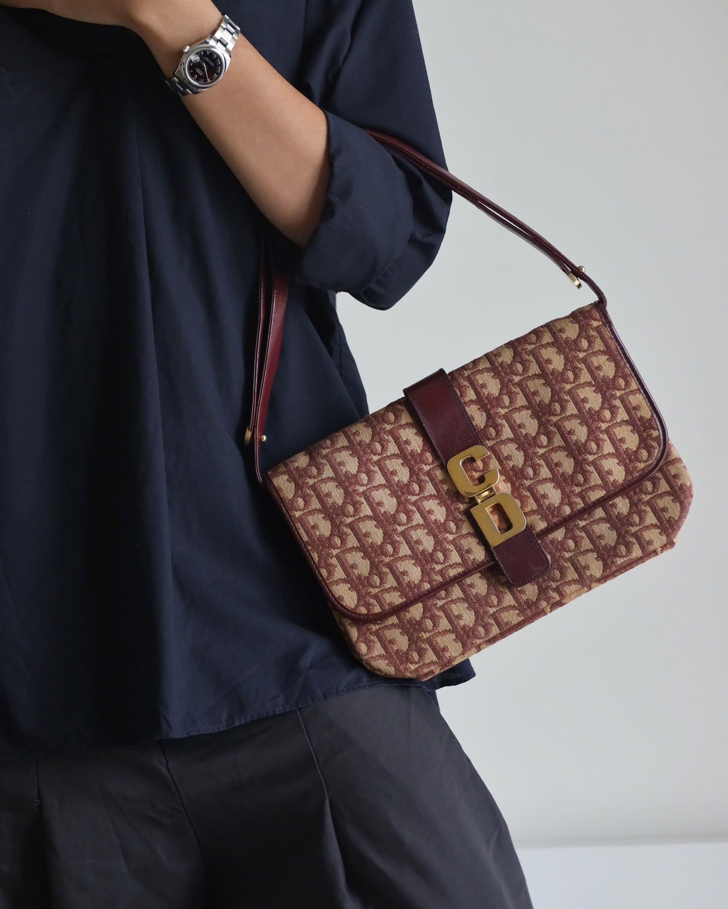 Christian Dior Trotter Canvas Shoulder Bag Burgundy