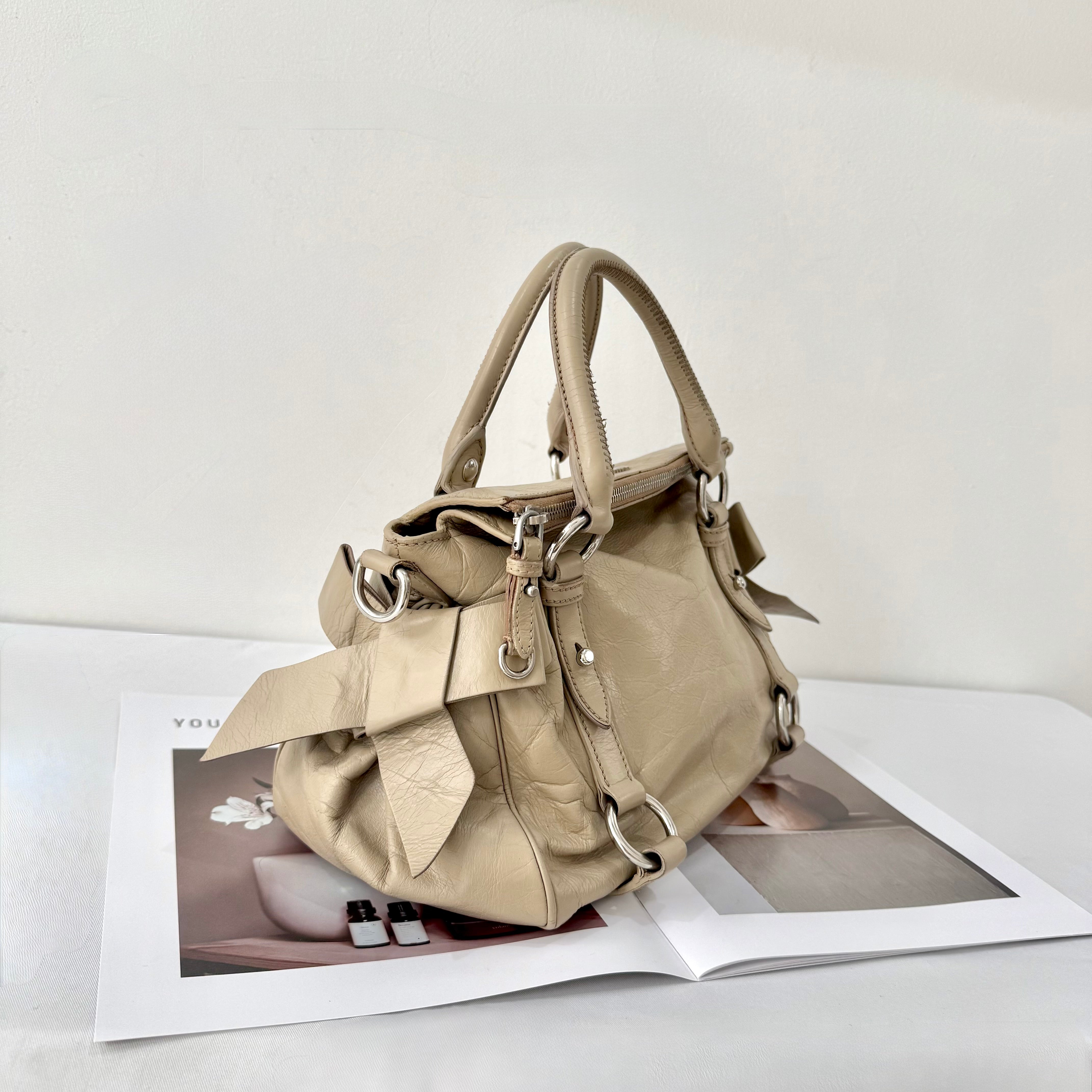 Miu Miu Vitello Lux Leather Bow Satchel Brown