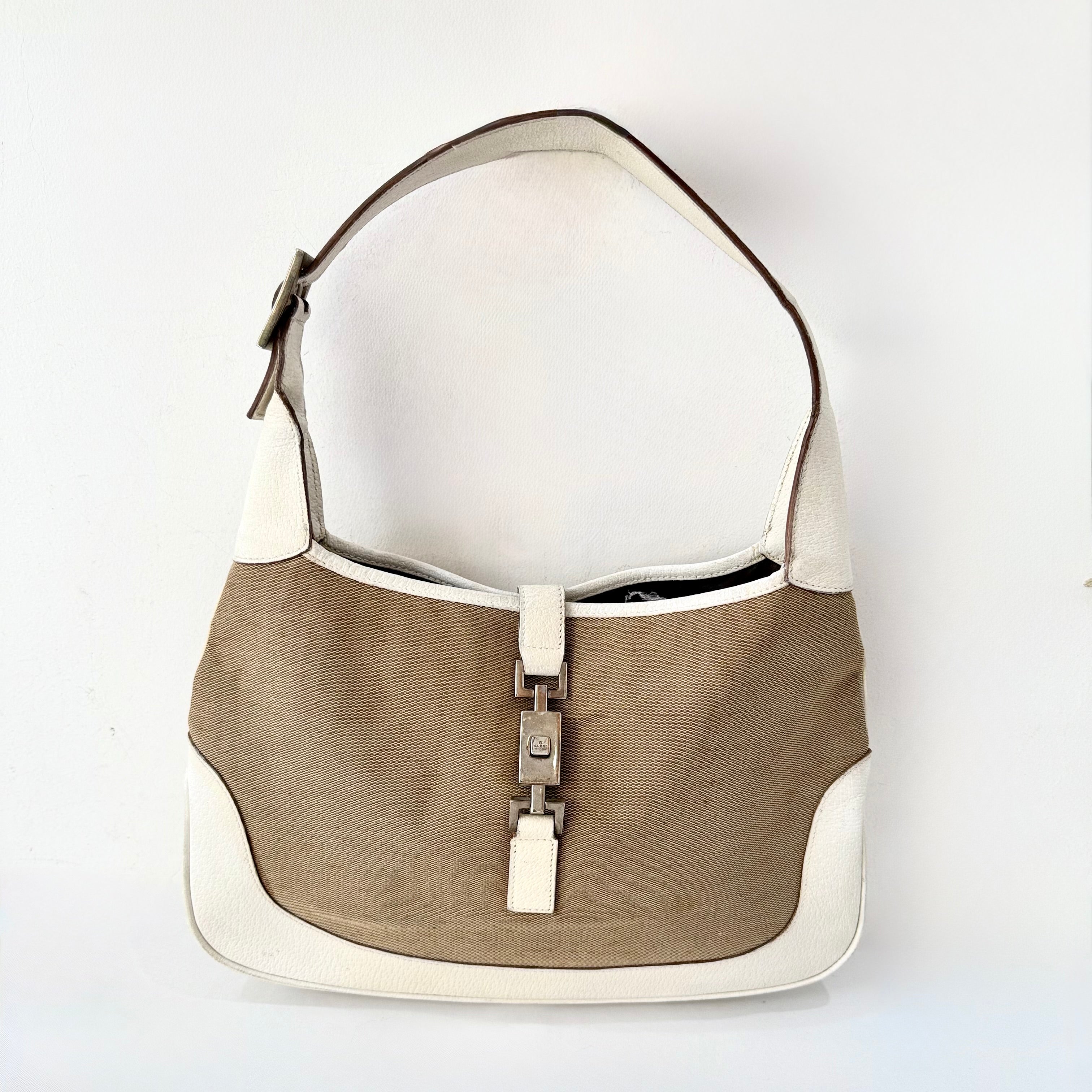 Gucci Jackie White Leather and Beige Canvas Bag