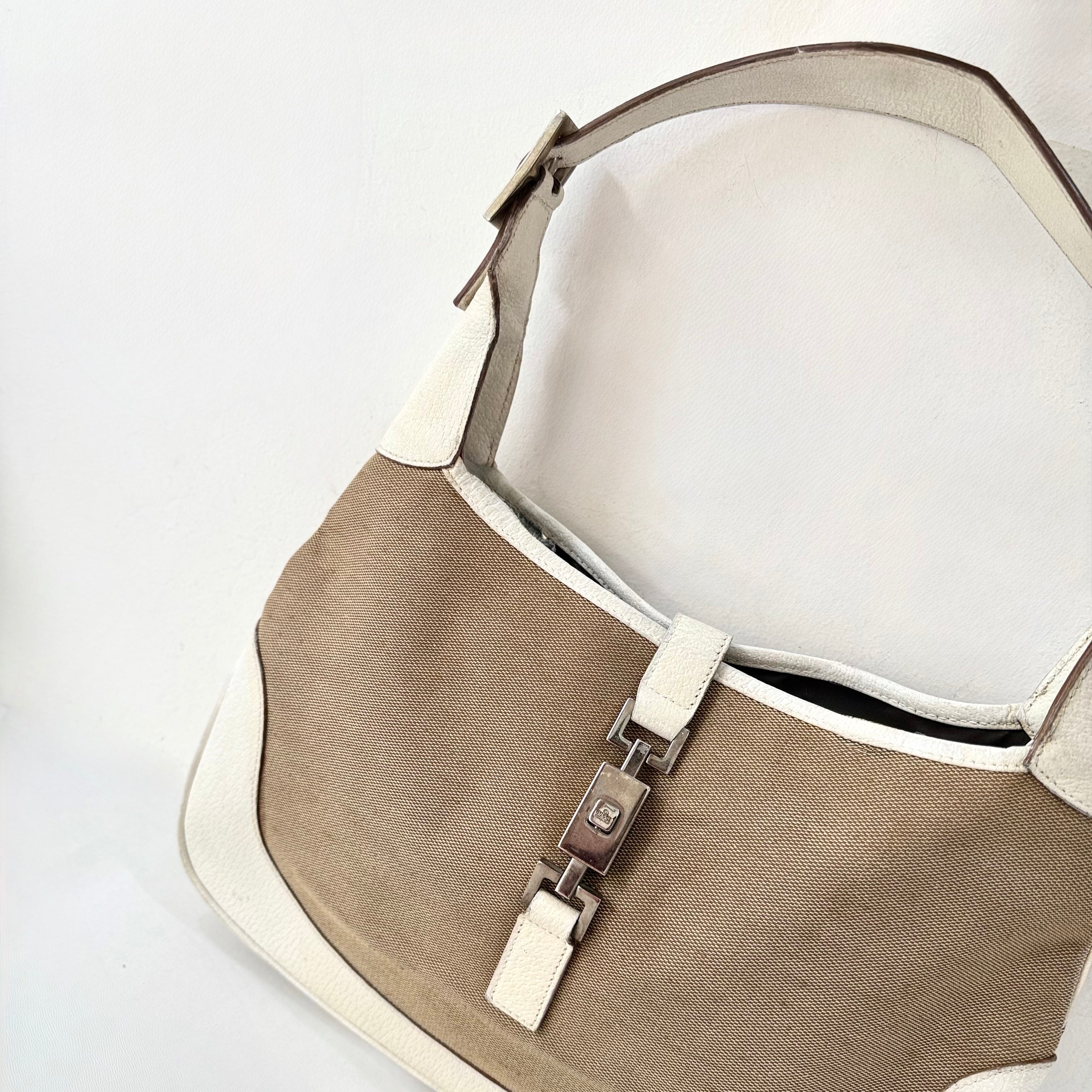 Gucci Jackie White Leather and Beige Canvas Bag