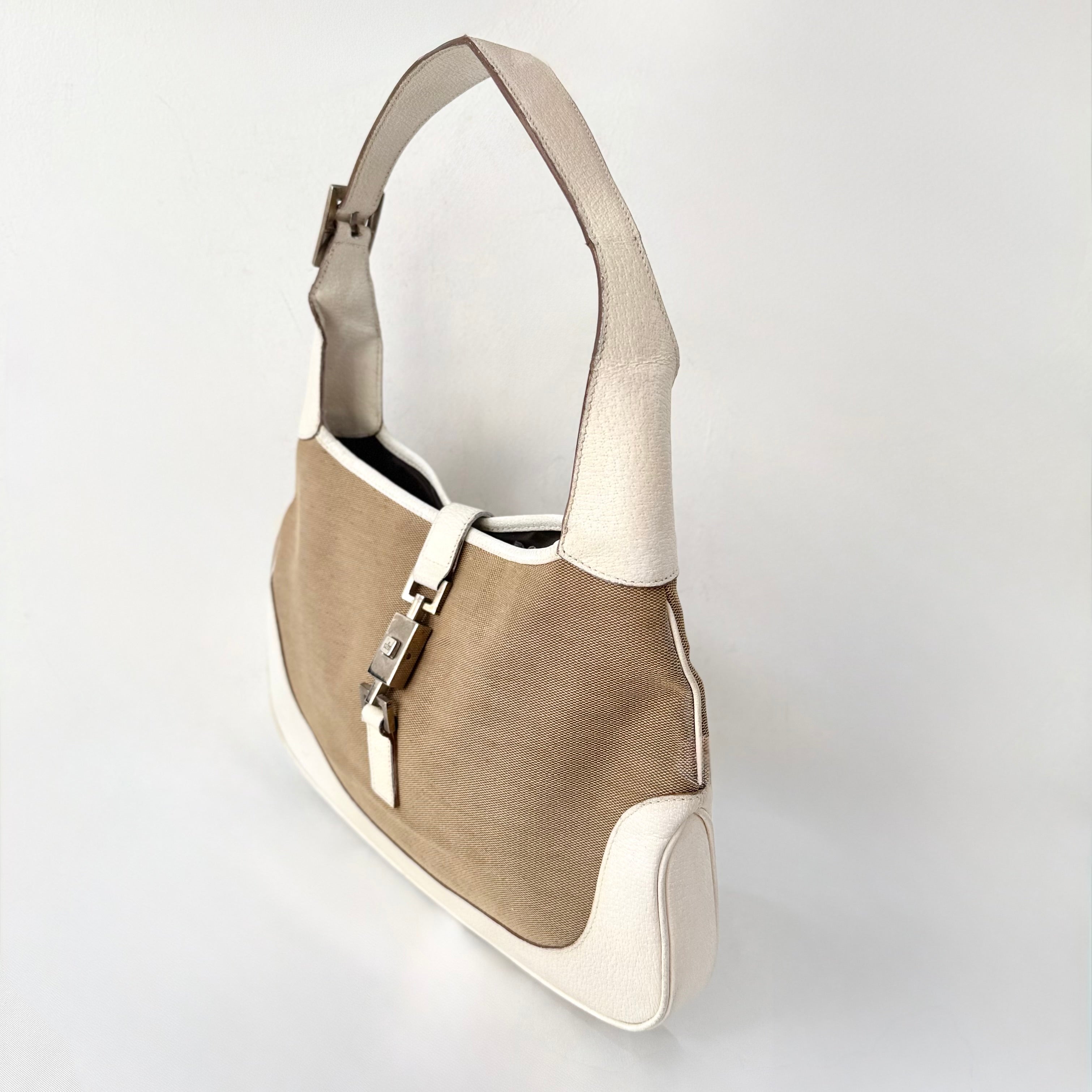 Gucci Jackie White Leather and Beige Canvas Bag
