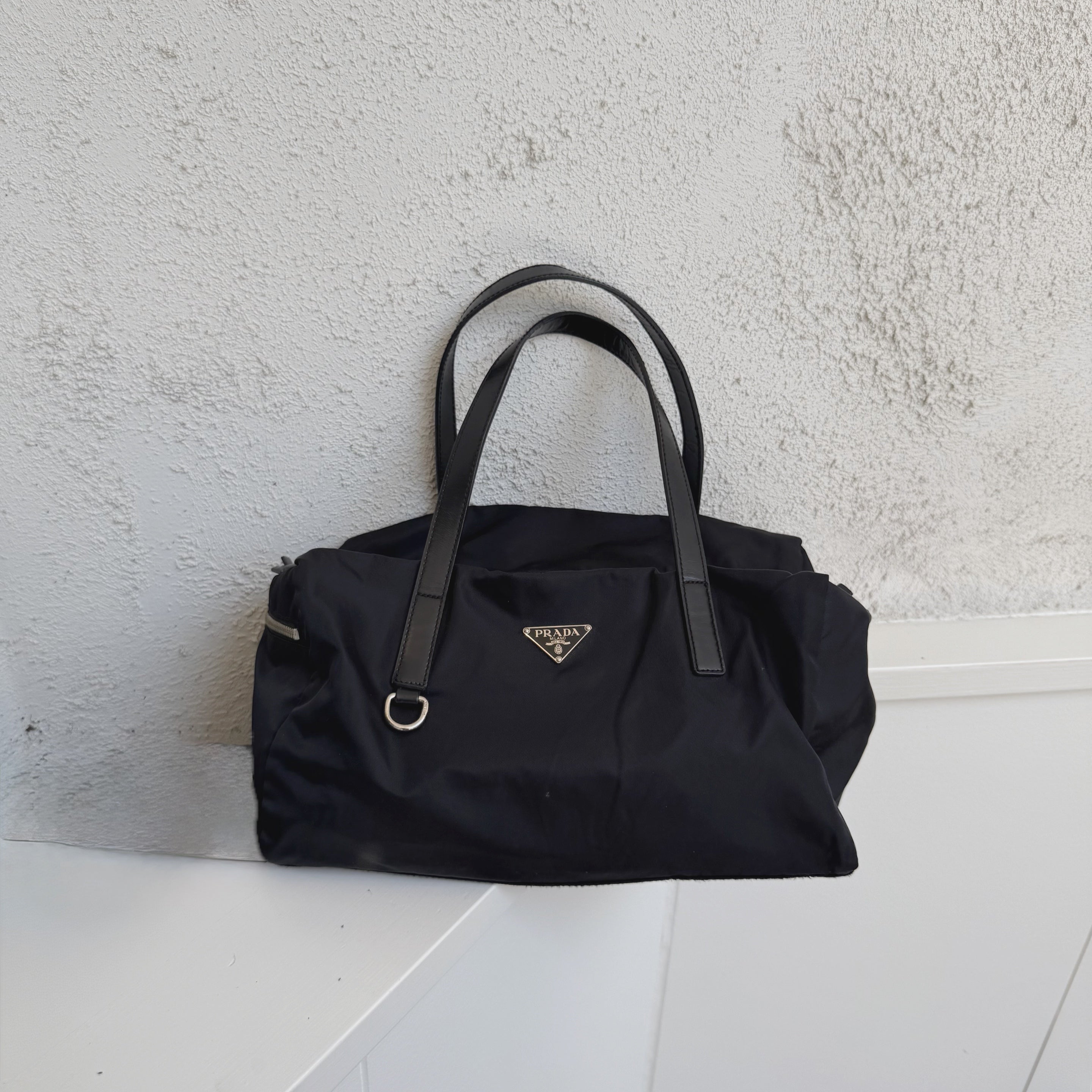 Prada Black Leather Trim Nylon Tessuto Bauletto Bowler Bag