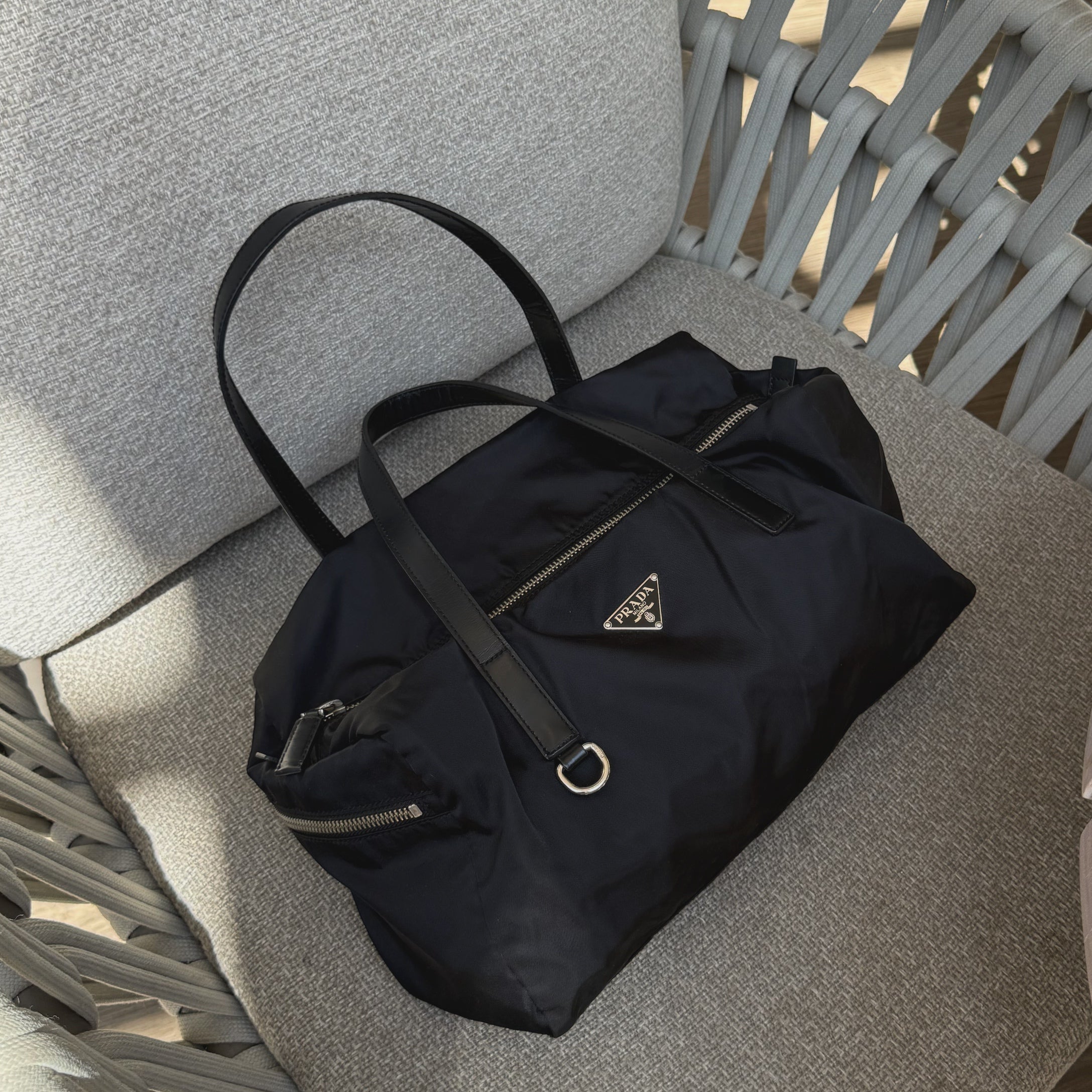 Prada Black Leather Trim Nylon Tessuto Bauletto Bowler Bag