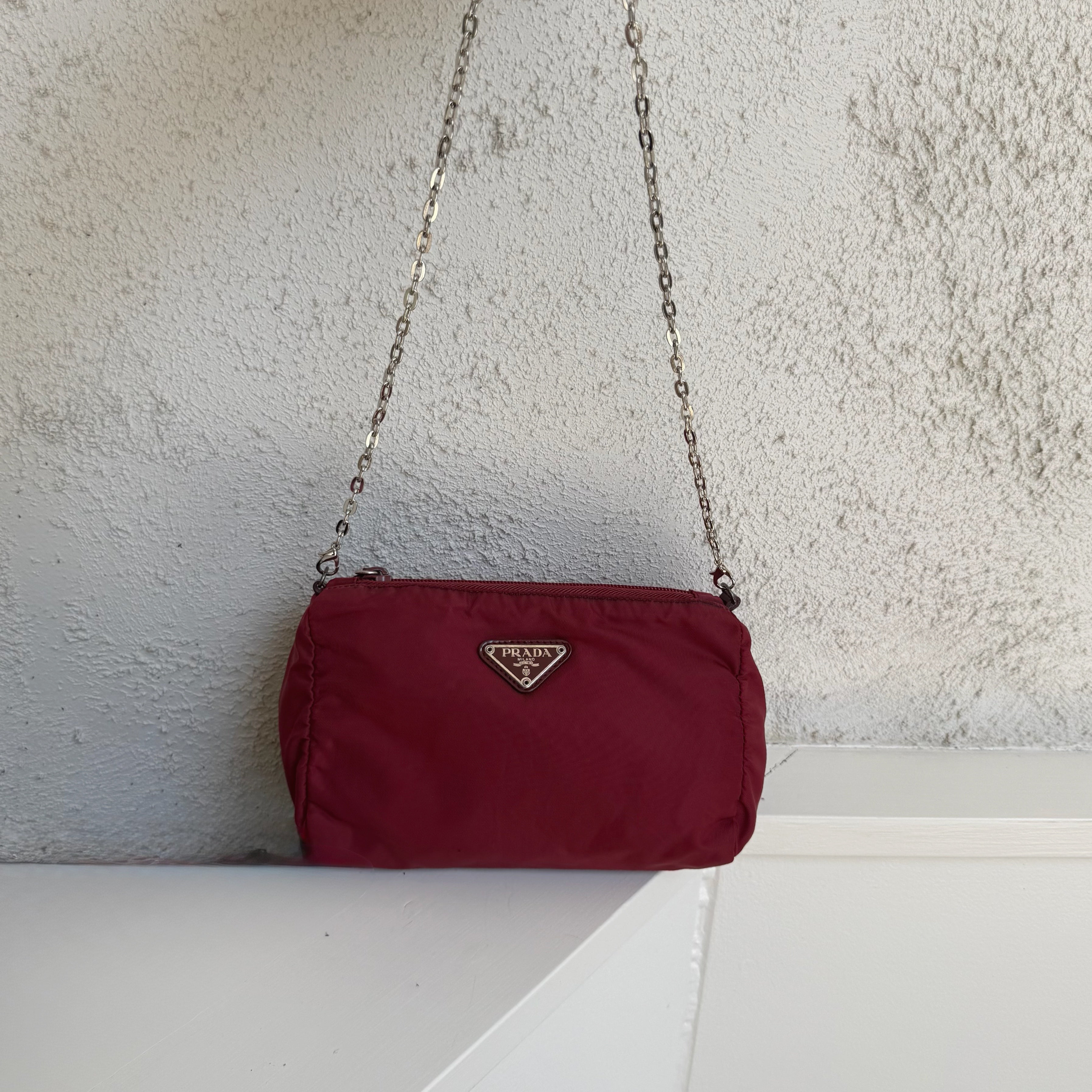 Prada Burgundy Nylon Triangle Logo Pochette Bag