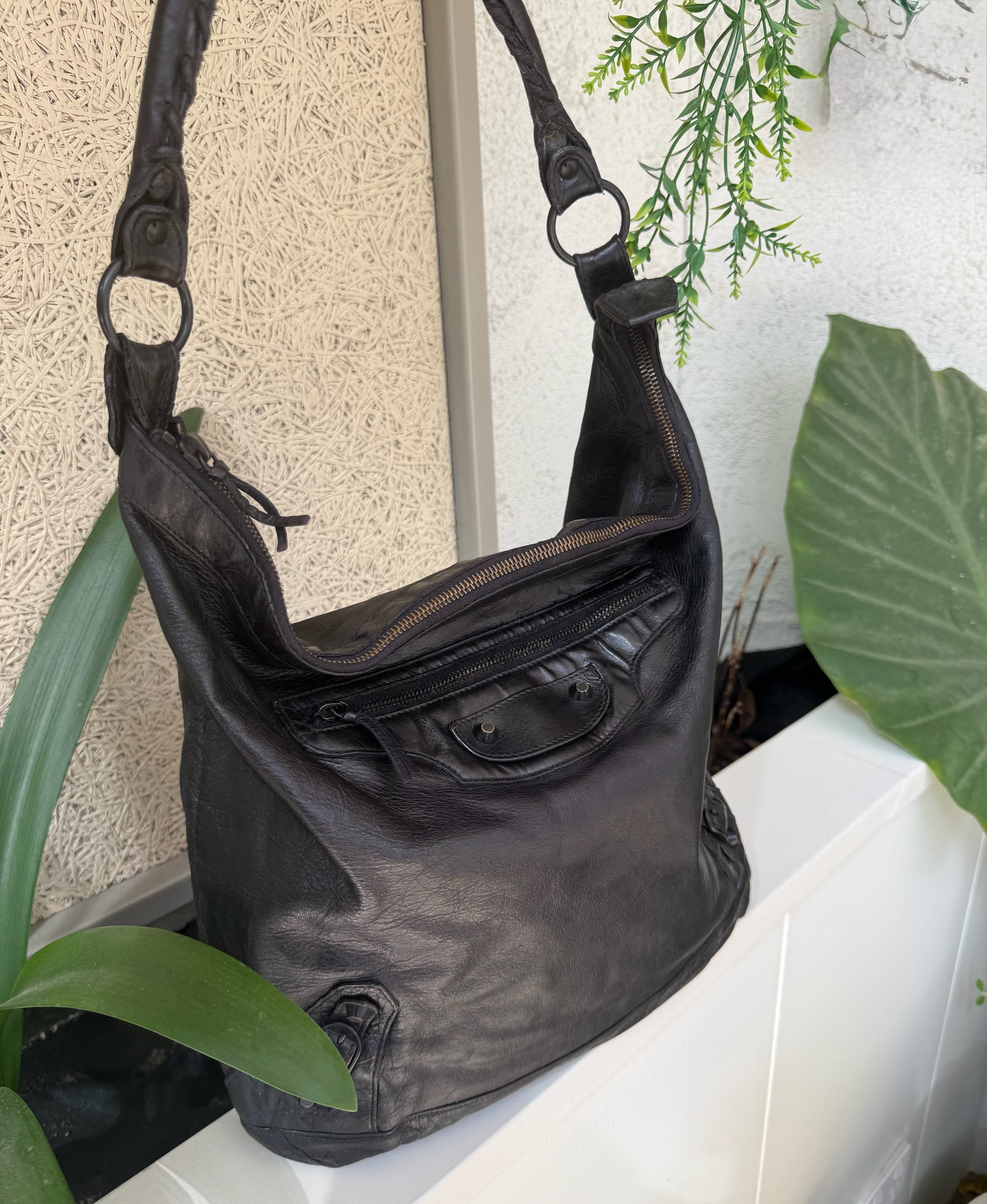 Balenciaga Day Hobo Motorcycle Bag in Black