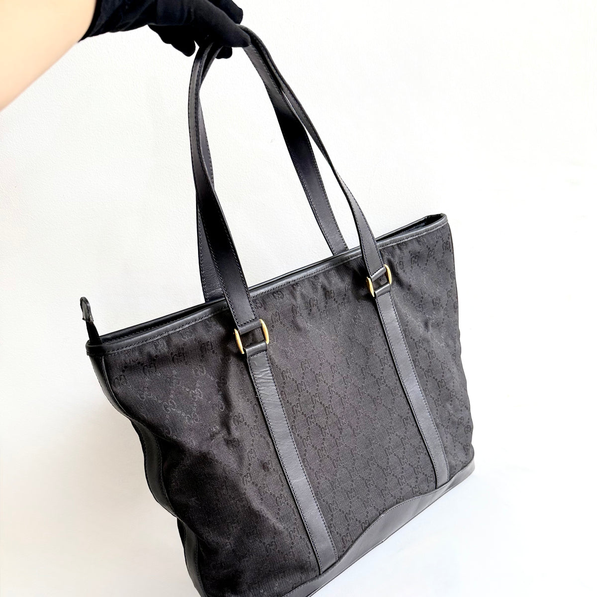 Gucci Black GG Canvas Leather Medium Tote Bag