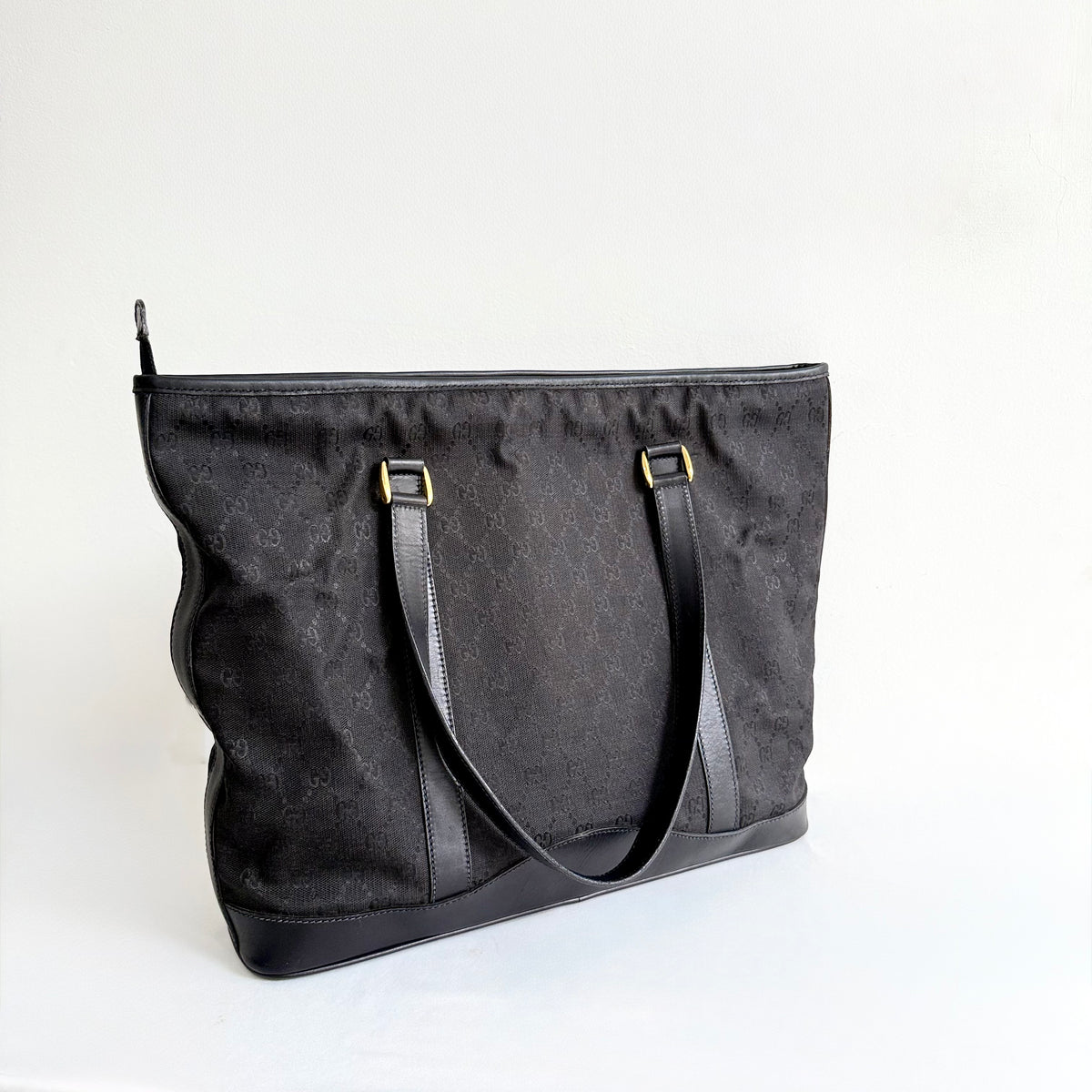 Gucci Black GG Canvas Leather Medium Tote Bag