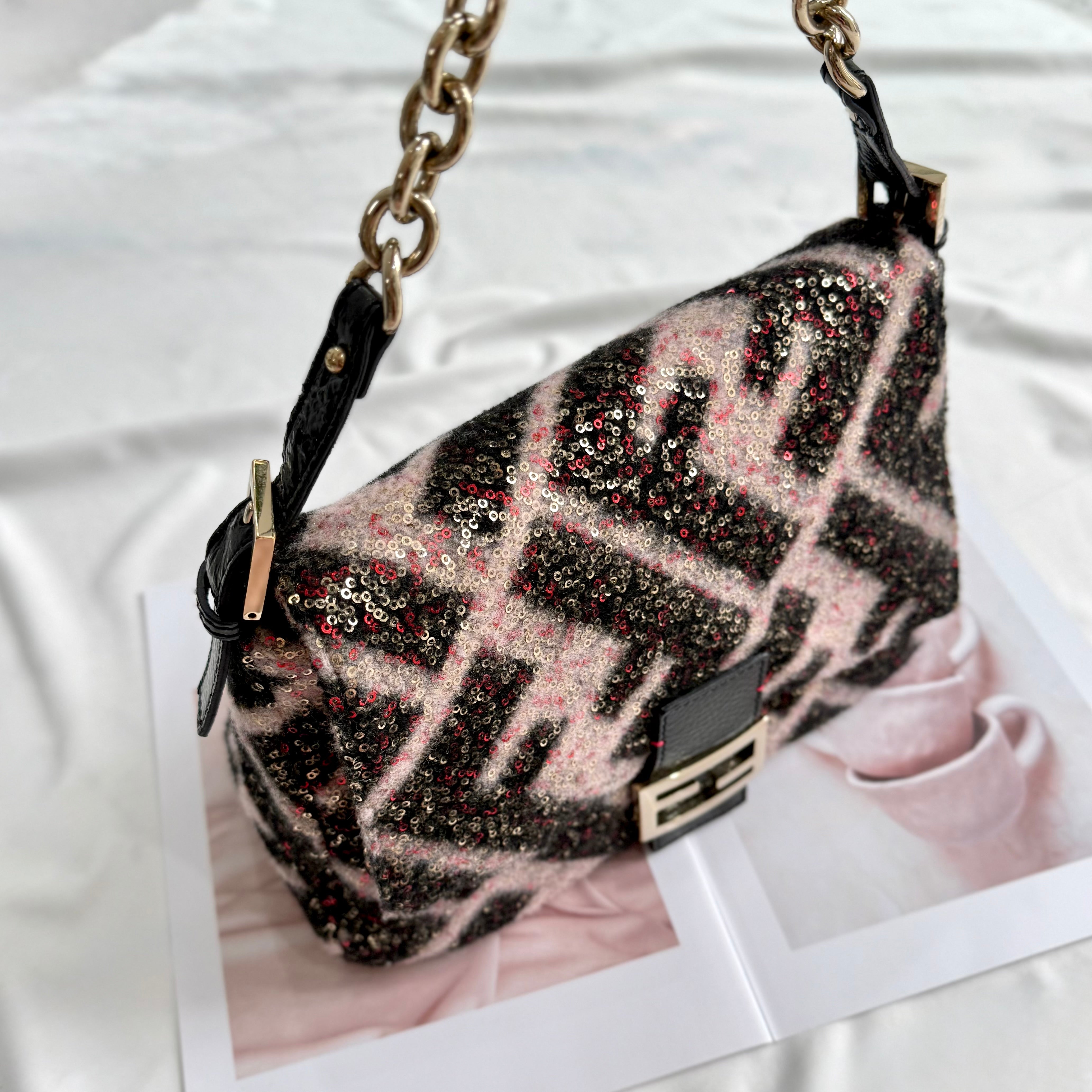 FENDI MAMA FOREVER BAG SEQUINED ZUCCA WOOL BLACK PINK