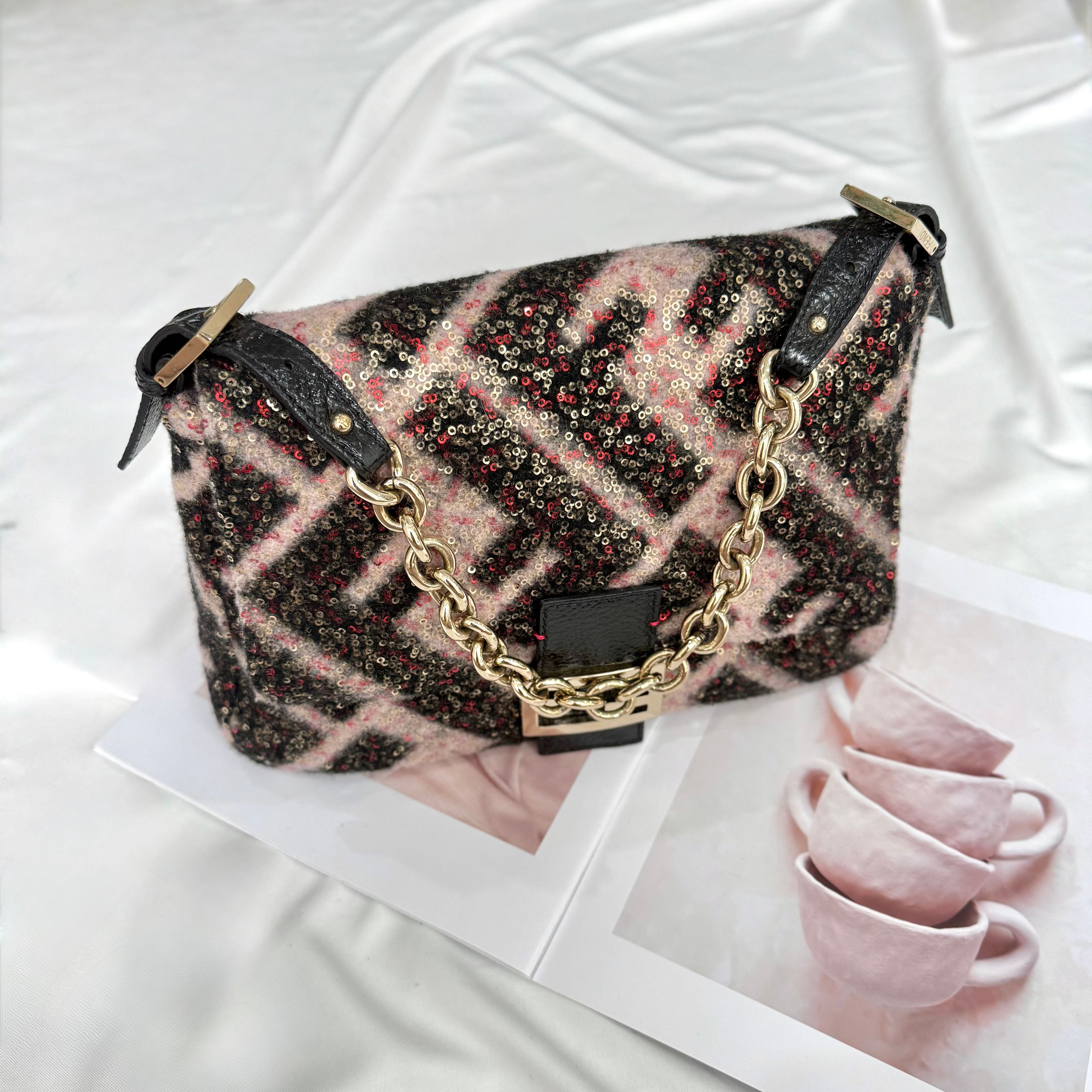 FENDI MAMA FOREVER BAG SEQUINED ZUCCA WOOL BLACK PINK