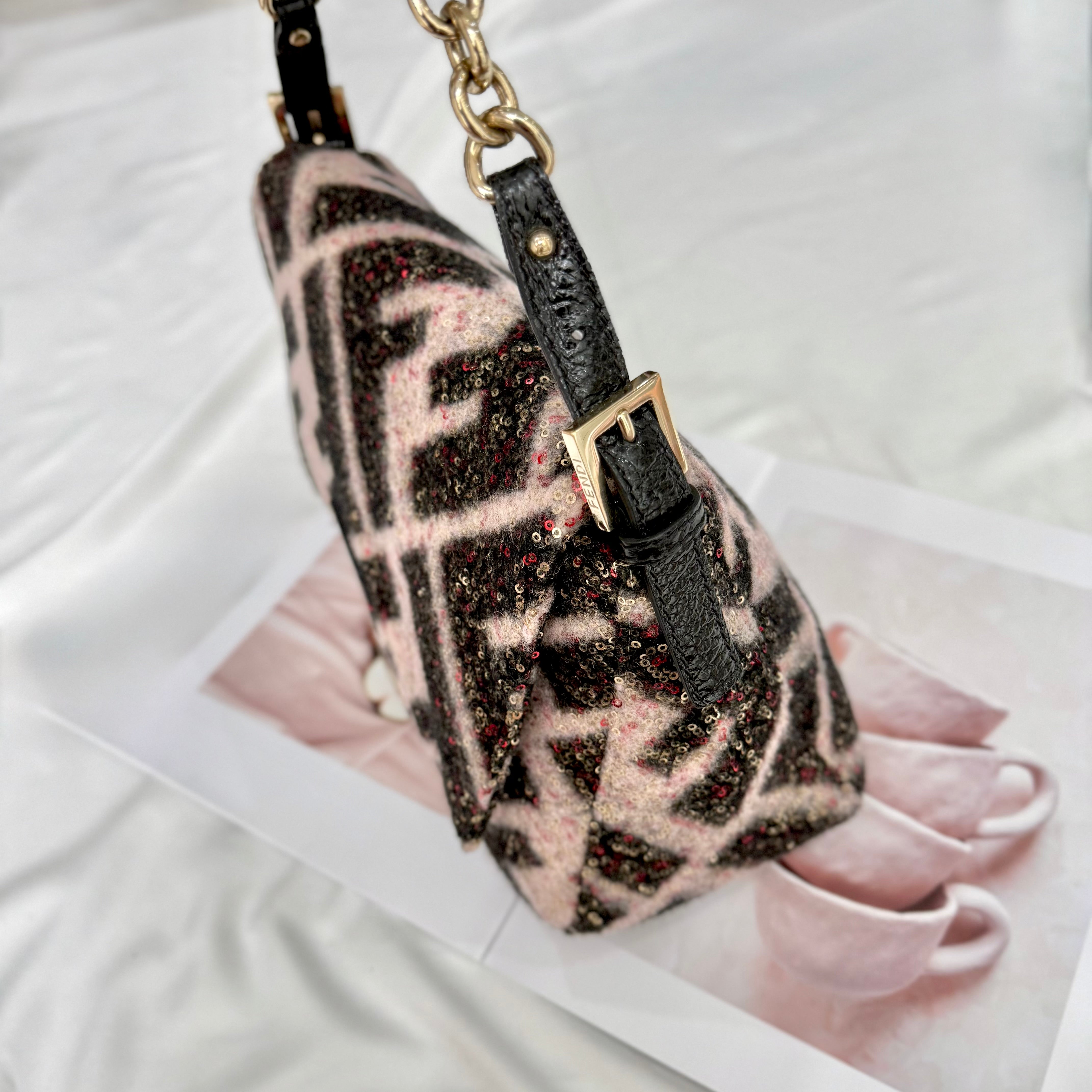 FENDI MAMA FOREVER BAG SEQUINED ZUCCA WOOL BLACK PINK