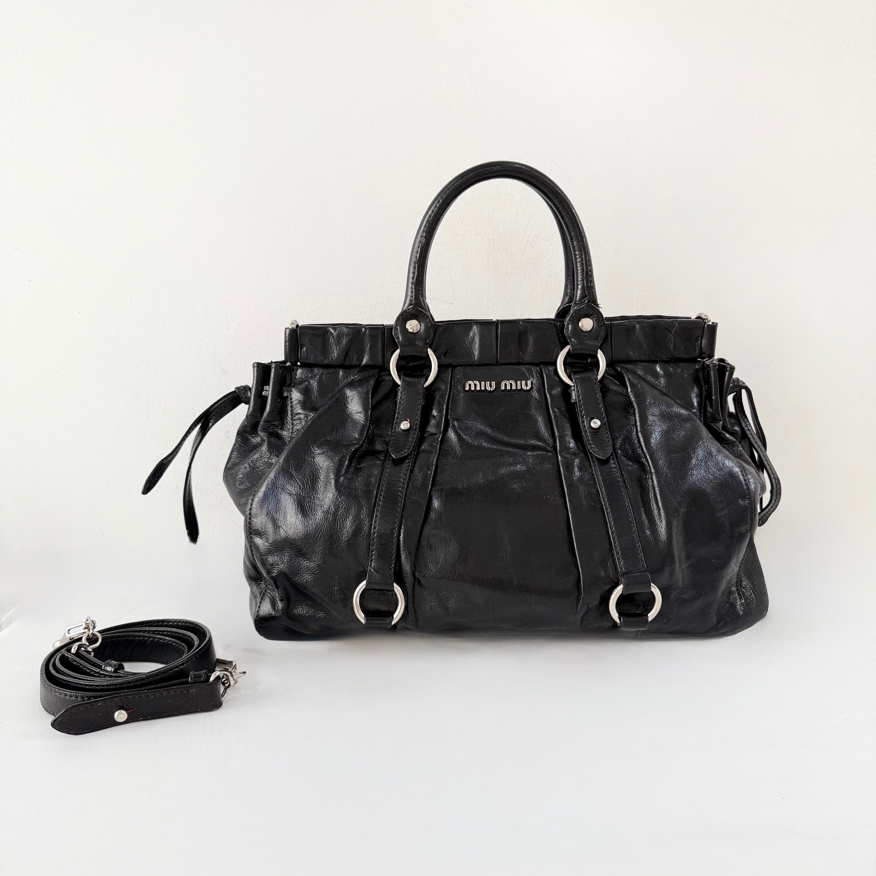 (RESERVE) Miu Miu Vitello Lux Gathered Tote Black