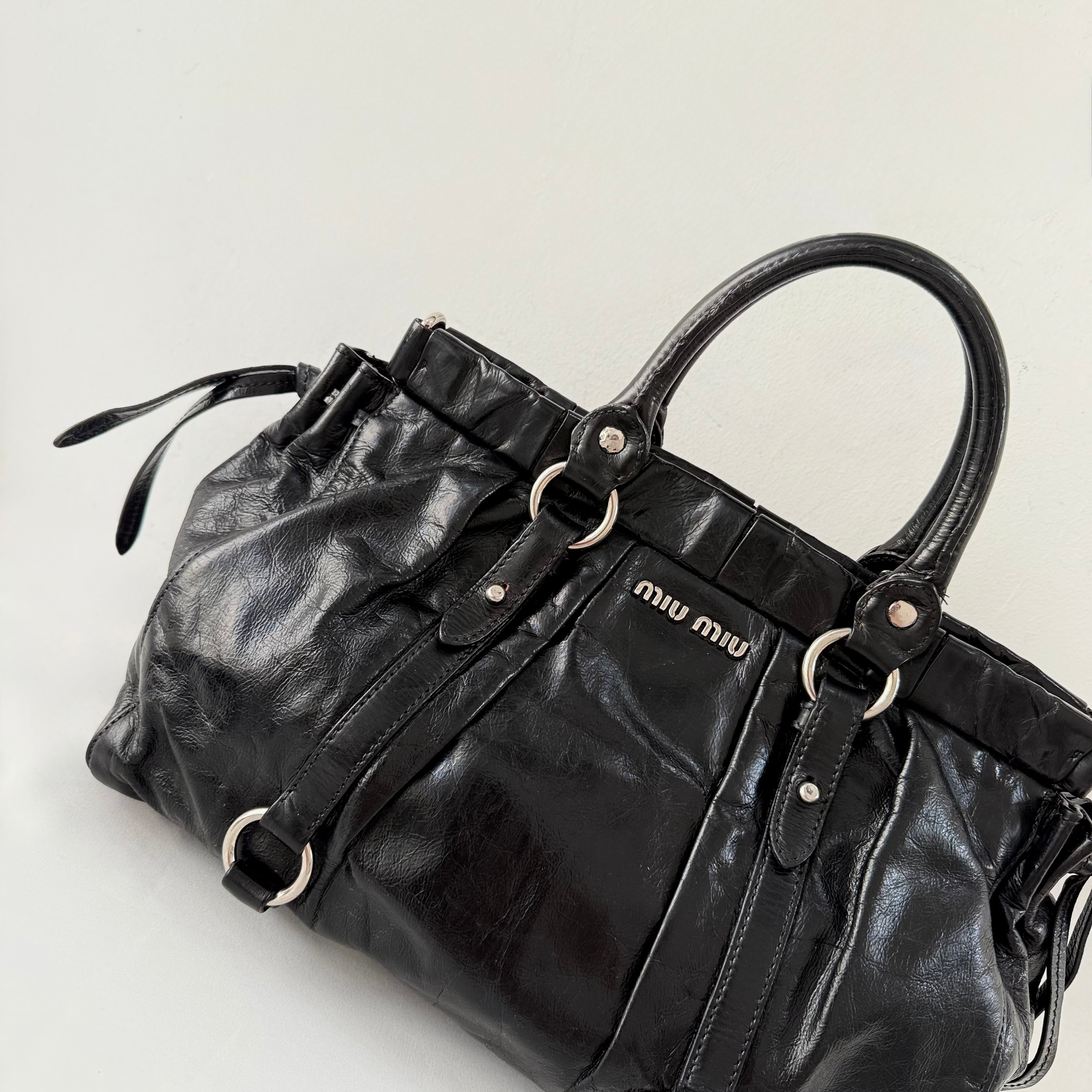 (RESERVE) Miu Miu Vitello Lux Gathered Tote Black