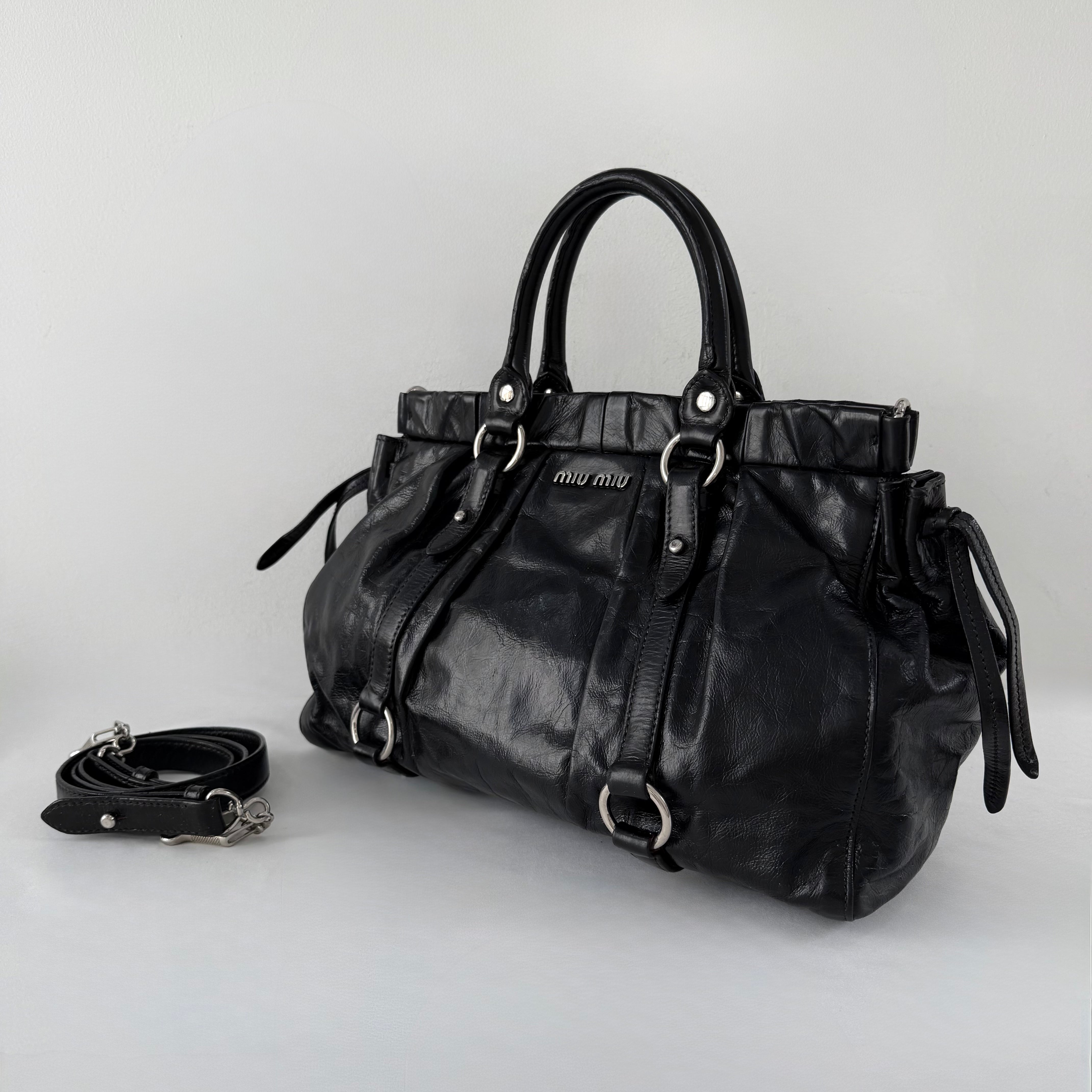 (RESERVE) Miu Miu Vitello Lux Gathered Tote Black