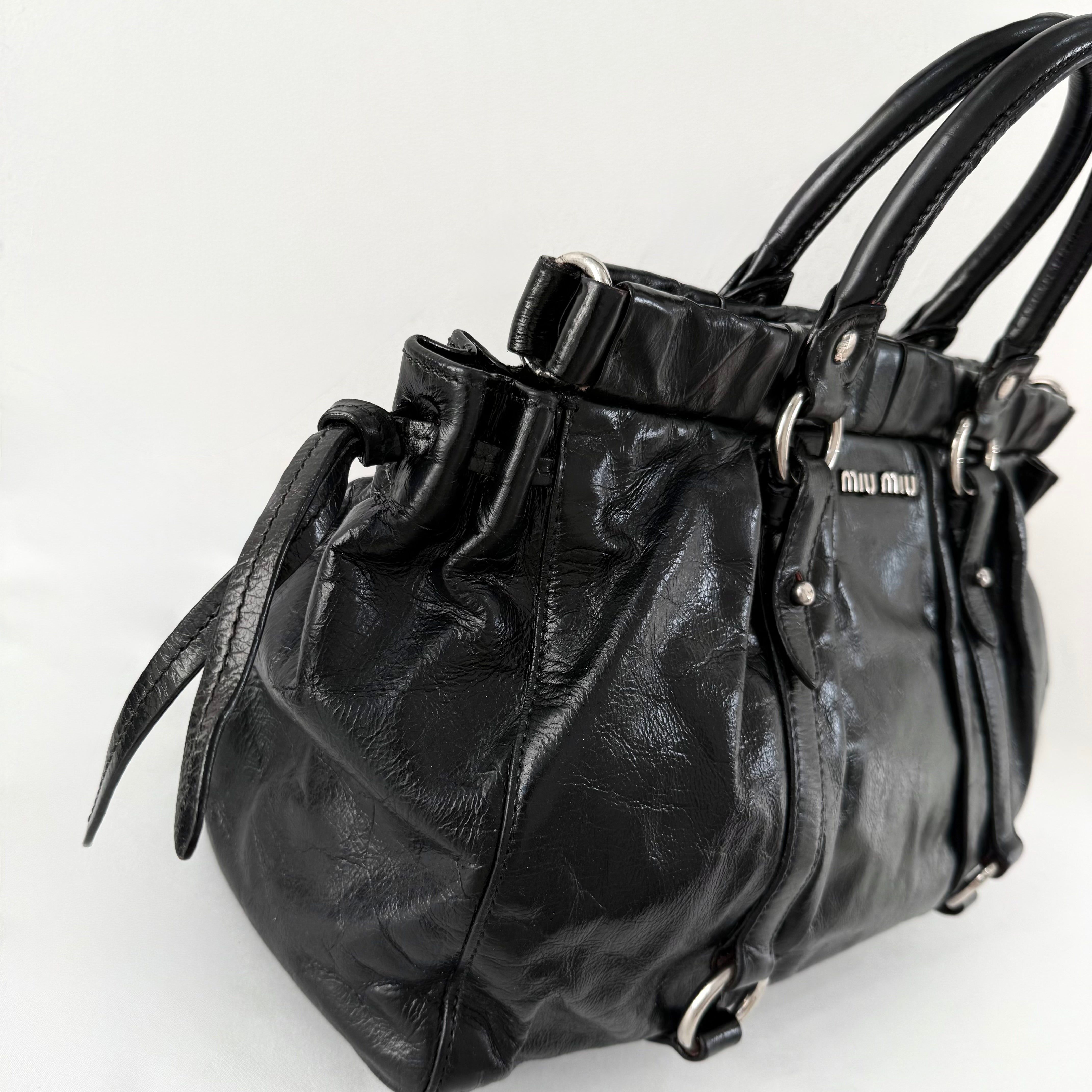 (RESERVE) Miu Miu Vitello Lux Gathered Tote Black