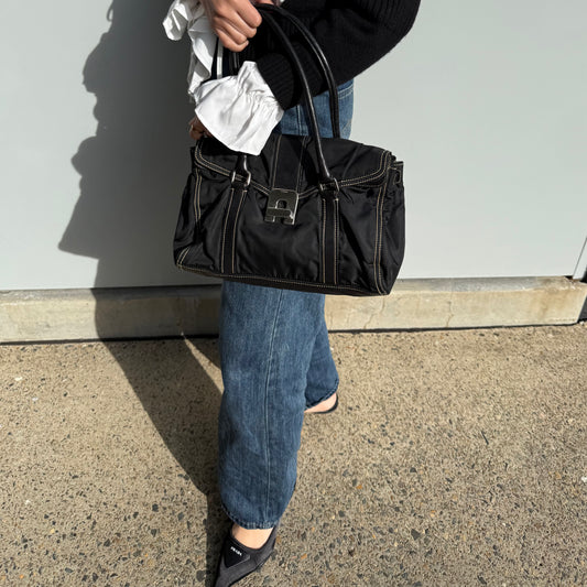 PRADA Vintage Black Tessuto Nylon Leather Satchel Handbag