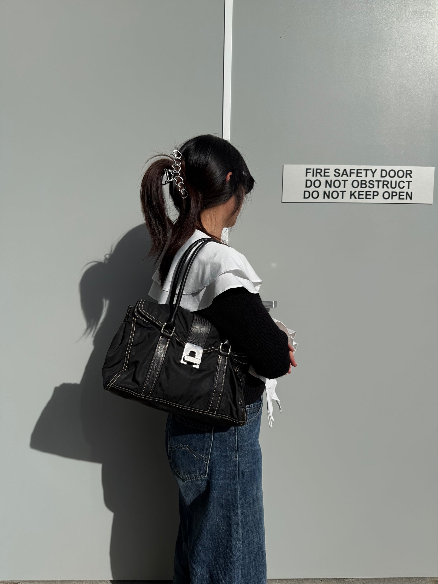 PRADA Vintage Black Tessuto Nylon Leather Satchel Handbag