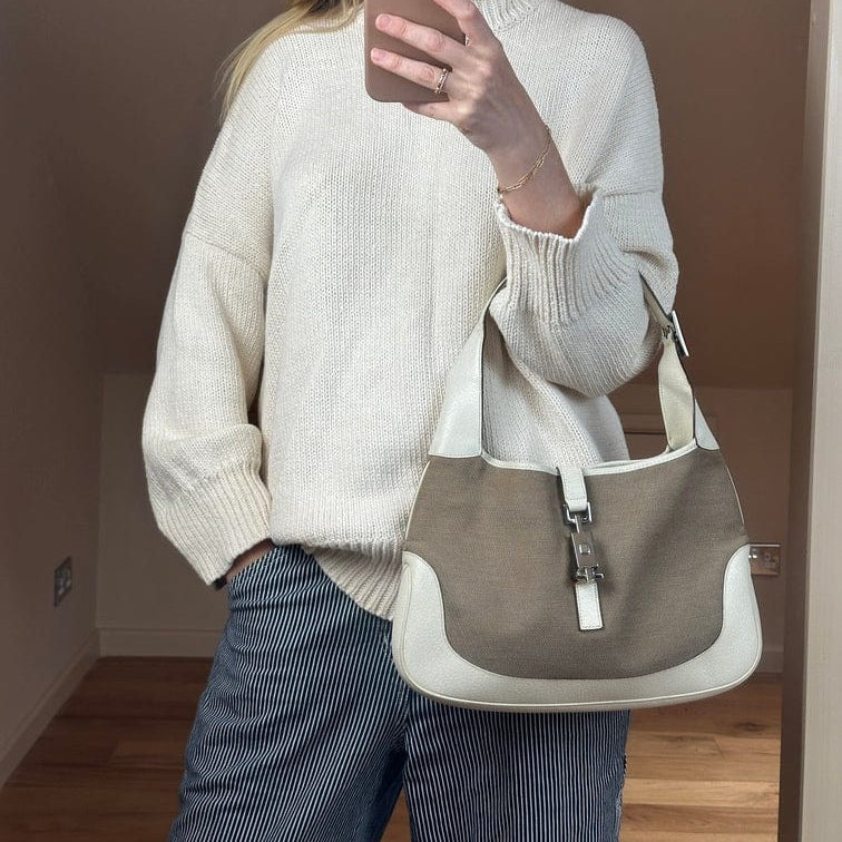 Gucci Jackie White Leather and Beige Canvas Bag